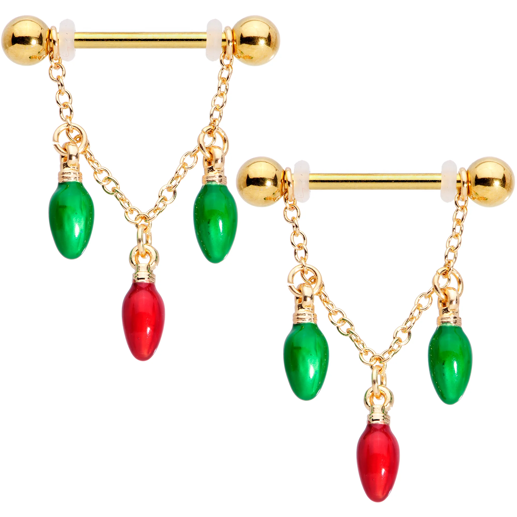 14G 9/16 Gold Tone Bulb Christmas Chain Dangle Nipple Ring Set - Image 2