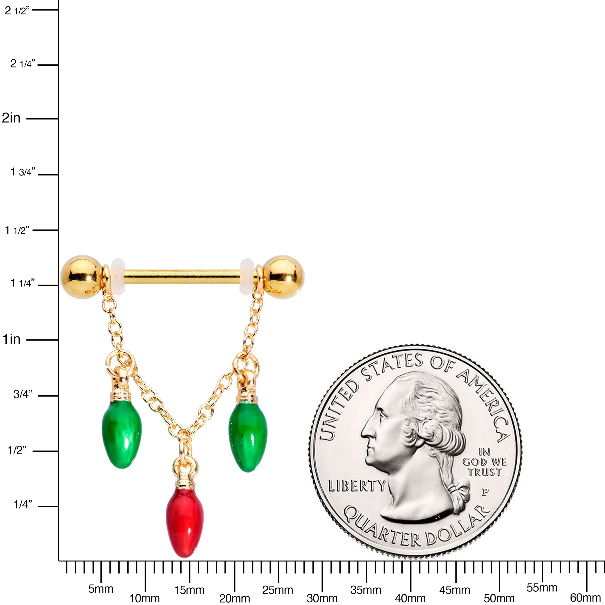 14G 9/16 Gold Tone Bulb Christmas Chain Dangle Nipple Ring Set - Image 3