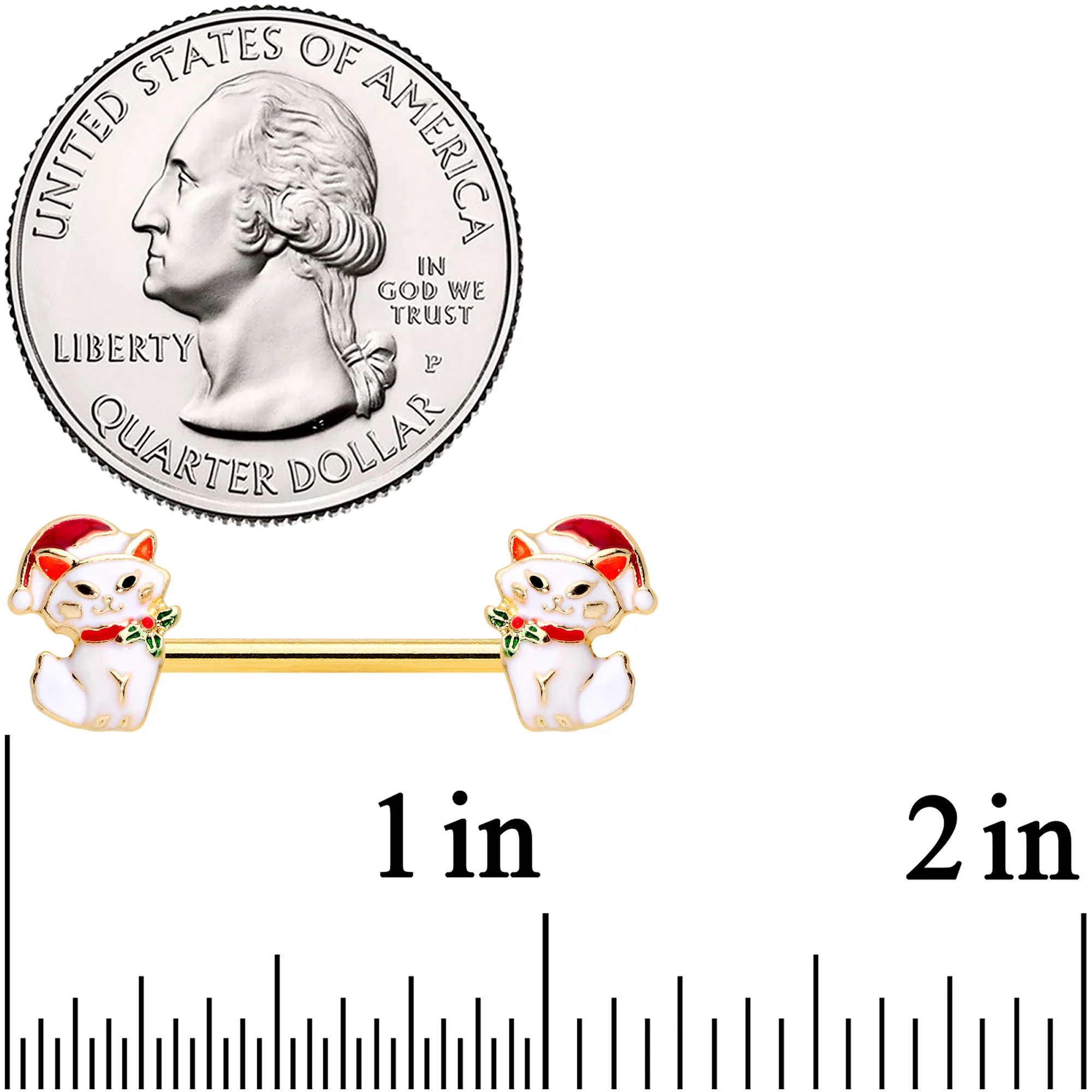 14G 9/16 Gold Tone Cat Santa Christmas Barbell Nipple Ring Set - Image 2