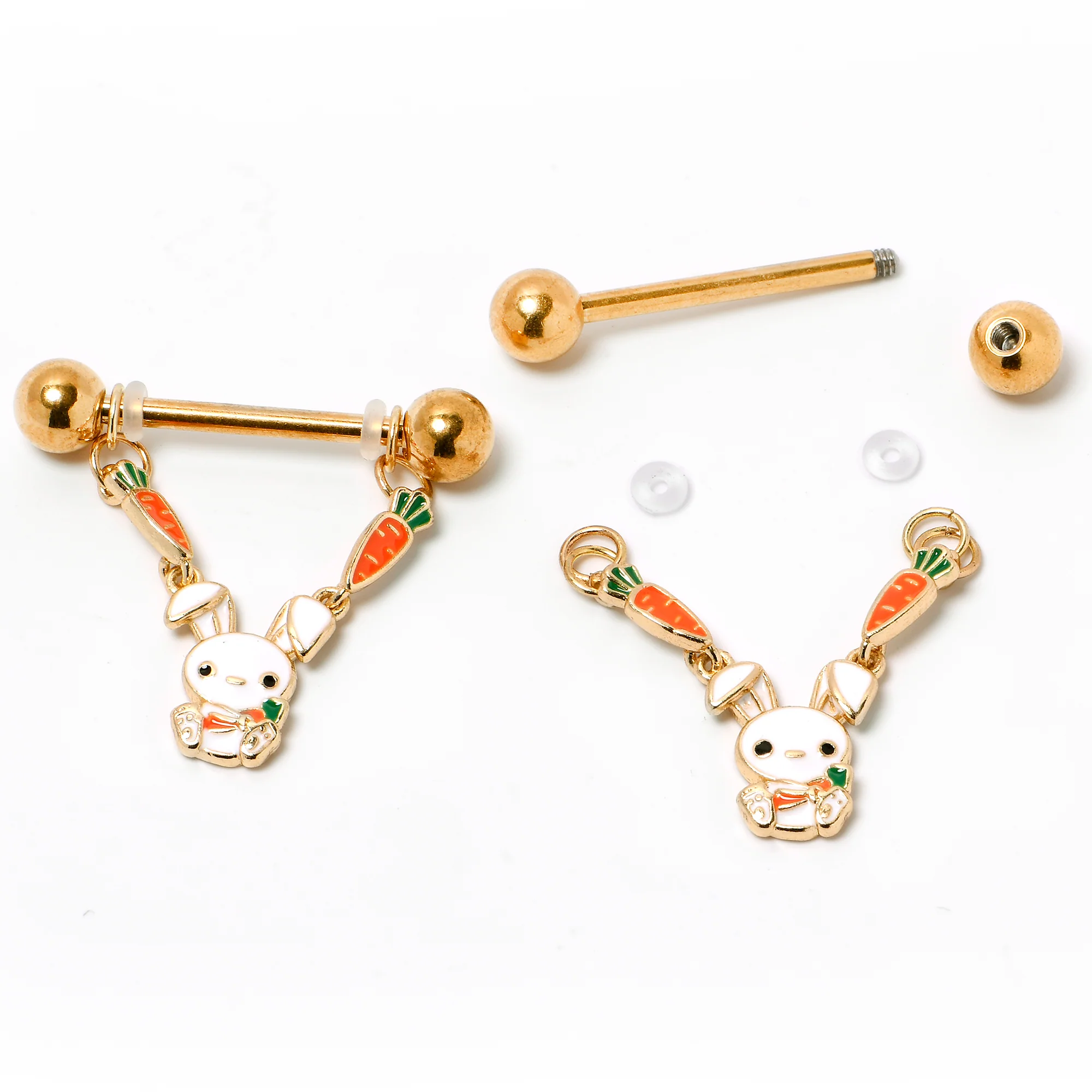 14G 9/16 Gold Tone Cutie Easter Bunny Dangle Nipple Ring Set - Image 5