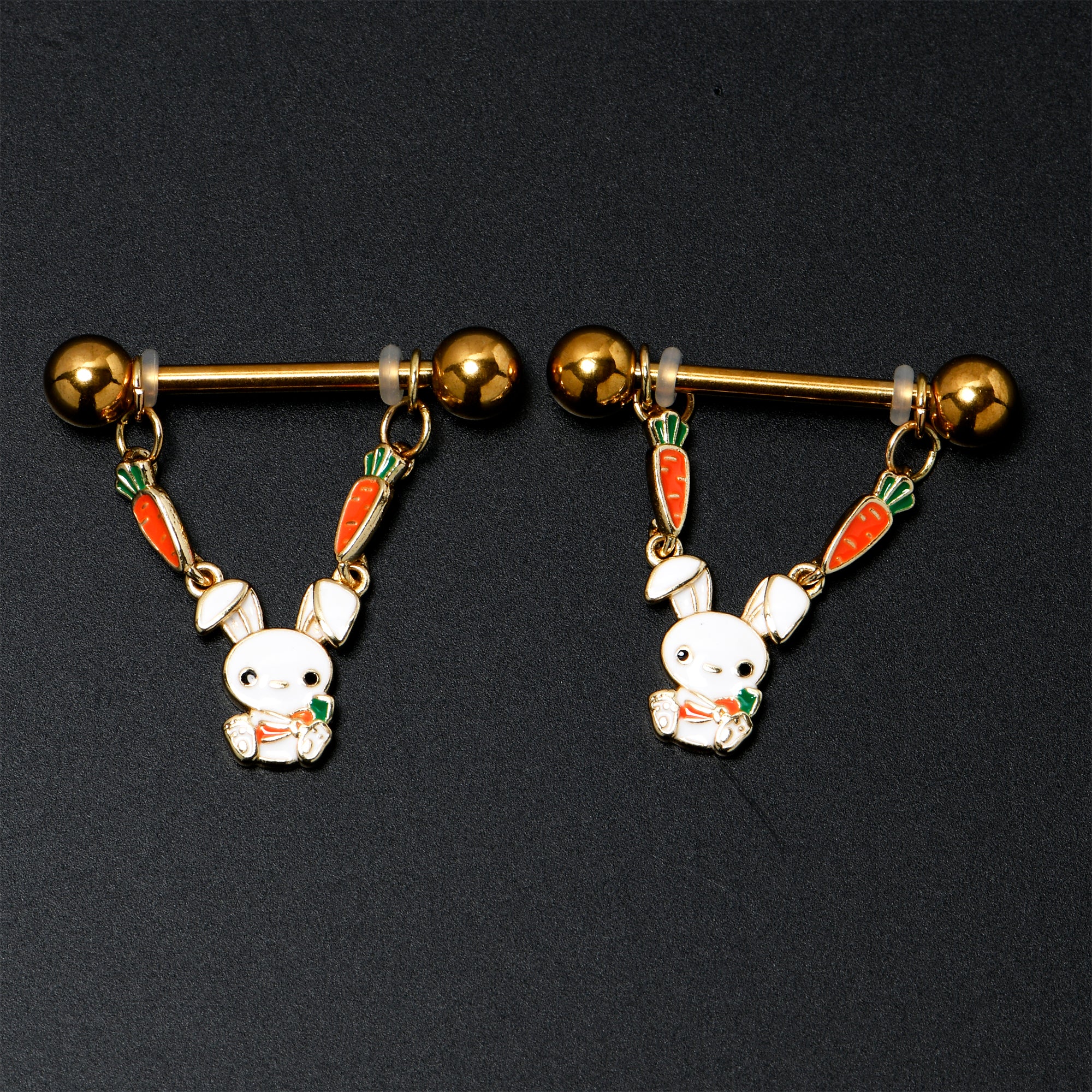 14G 9/16 Gold Tone Cutie Easter Bunny Dangle Nipple Ring Set - Image 7