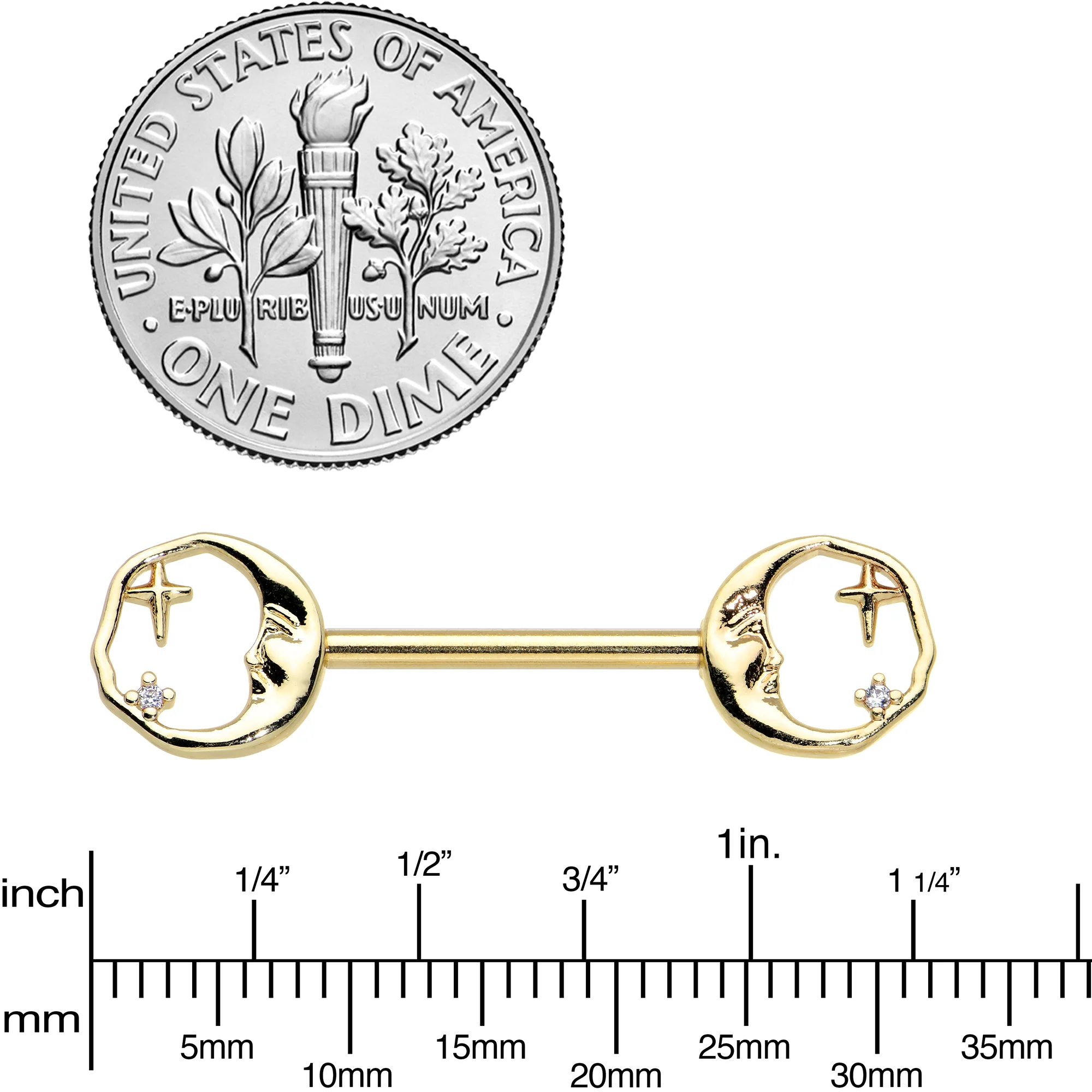14G 9/16 Gold Tone Face Crescent Moon Barbell Nipple Ring Set - Image 3