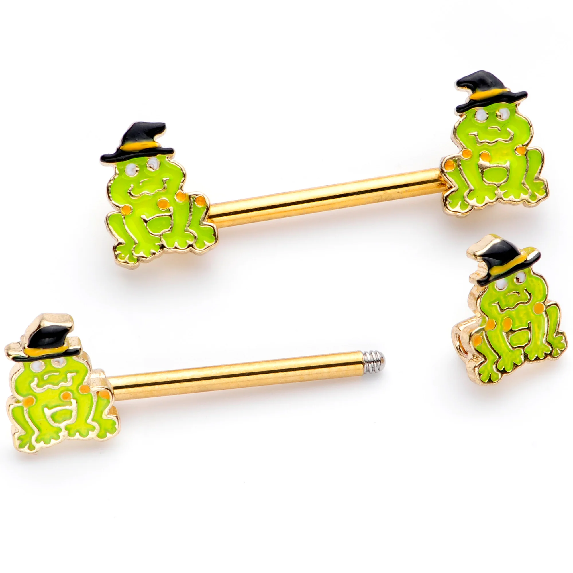 14G 9/16 Gold Tone Frog Witch Halloween Barbell Nipple Ring Set - Image 2