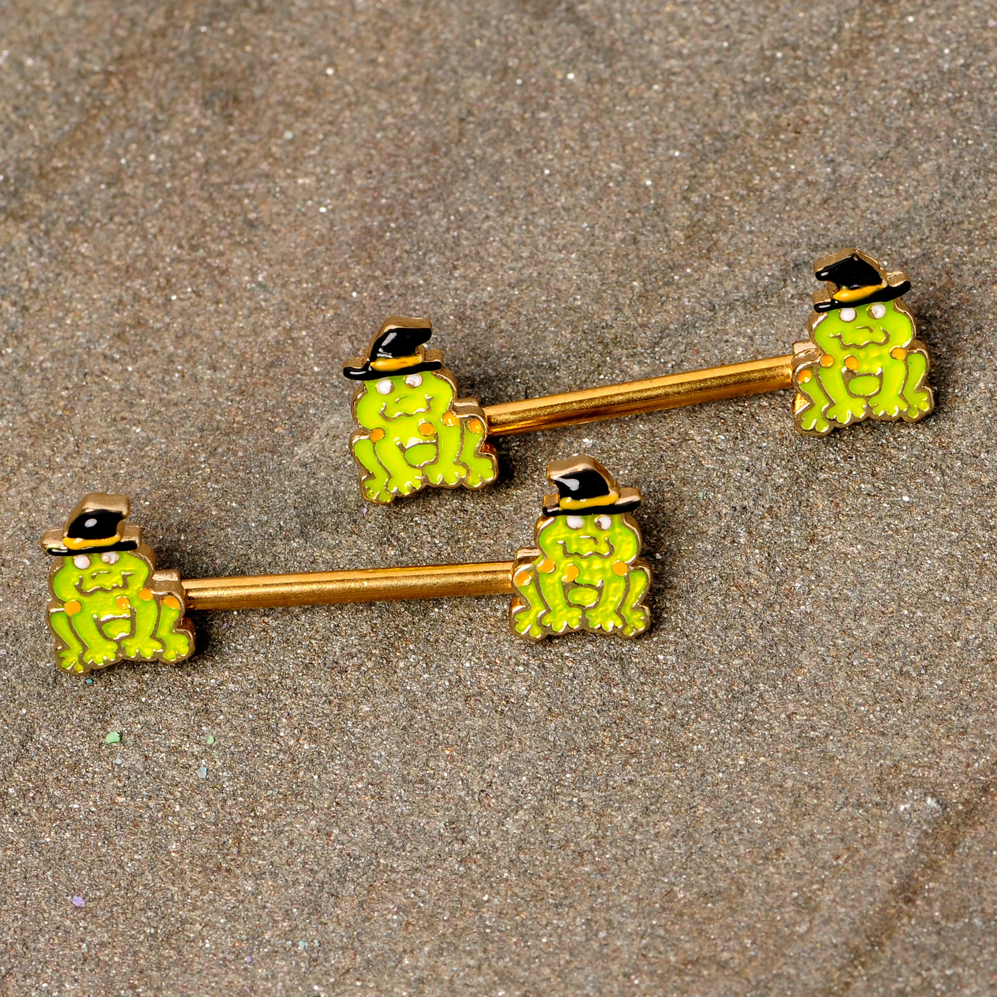 14G 9/16 Gold Tone Frog Witch Halloween Barbell Nipple Ring Set - Image 3