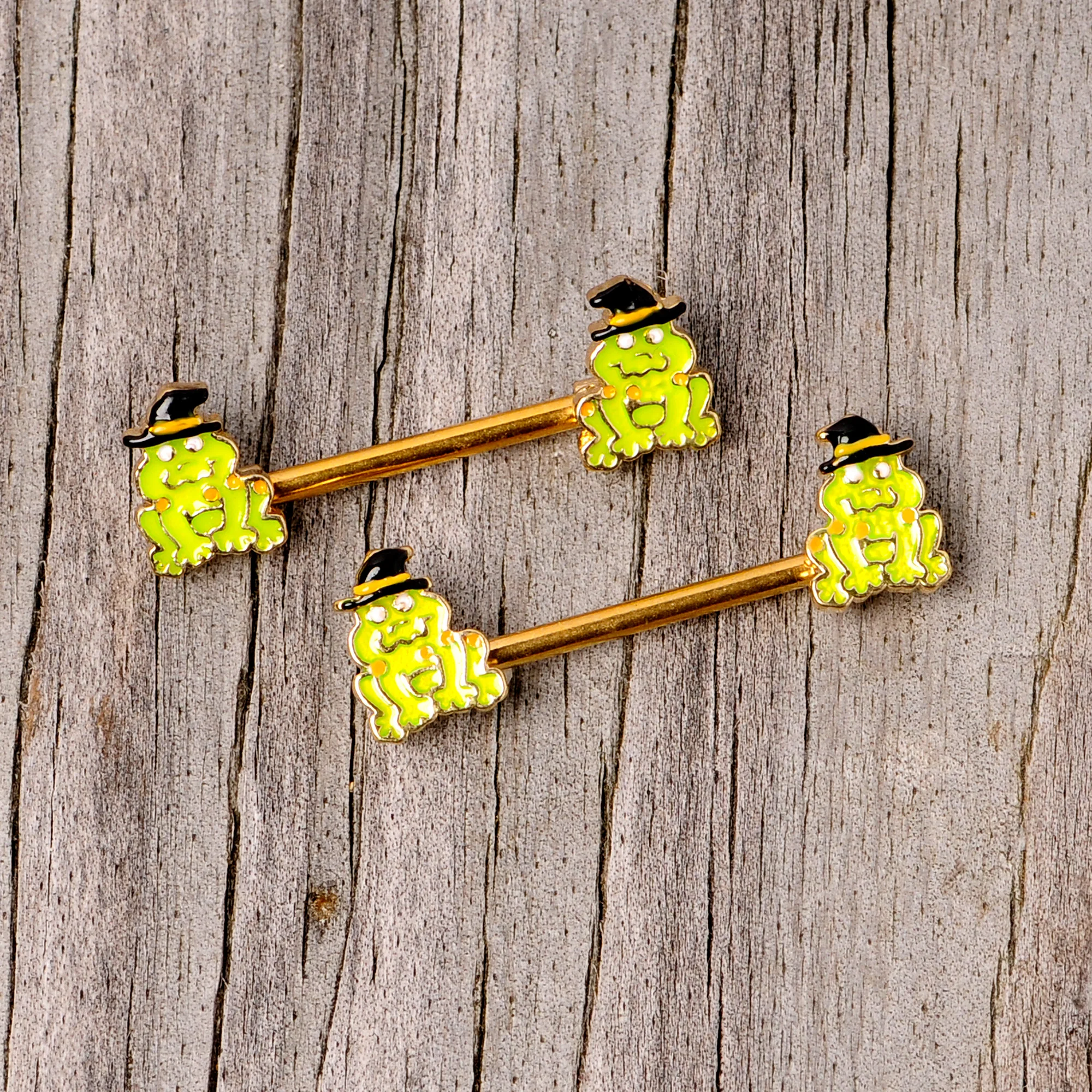14G 9/16 Gold Tone Frog Witch Halloween Barbell Nipple Ring Set - Image 4