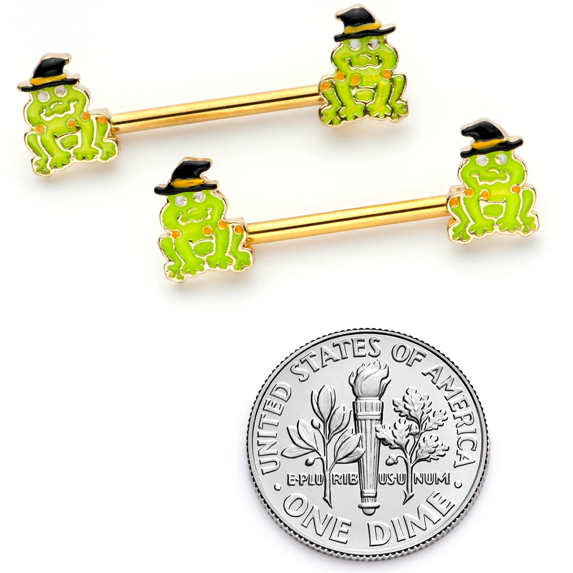 14G 9/16 Gold Tone Frog Witch Halloween Barbell Nipple Ring Set - Image 5