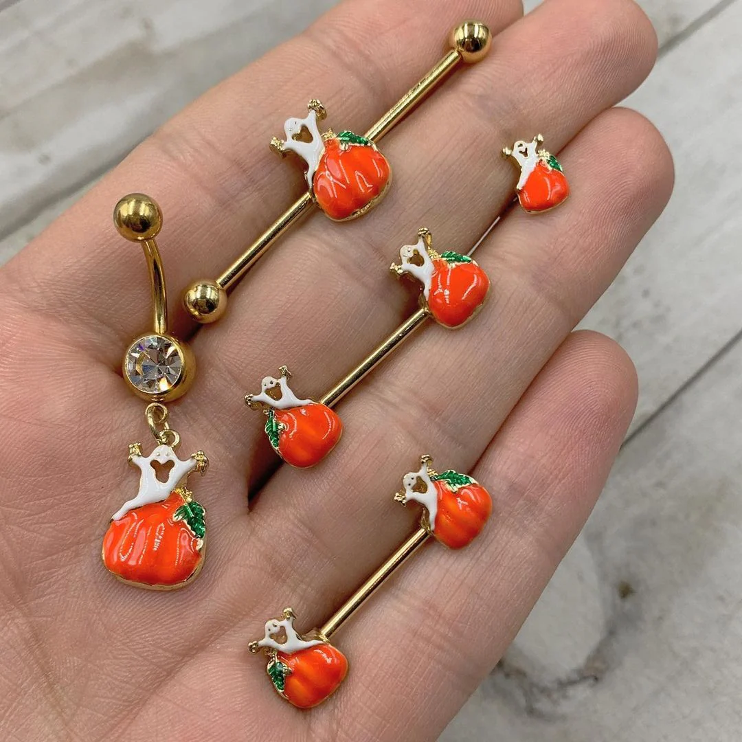 14G 9/16 Gold Tone Haunted Pumpkin Halloween Nipple Ring Set - Image 2