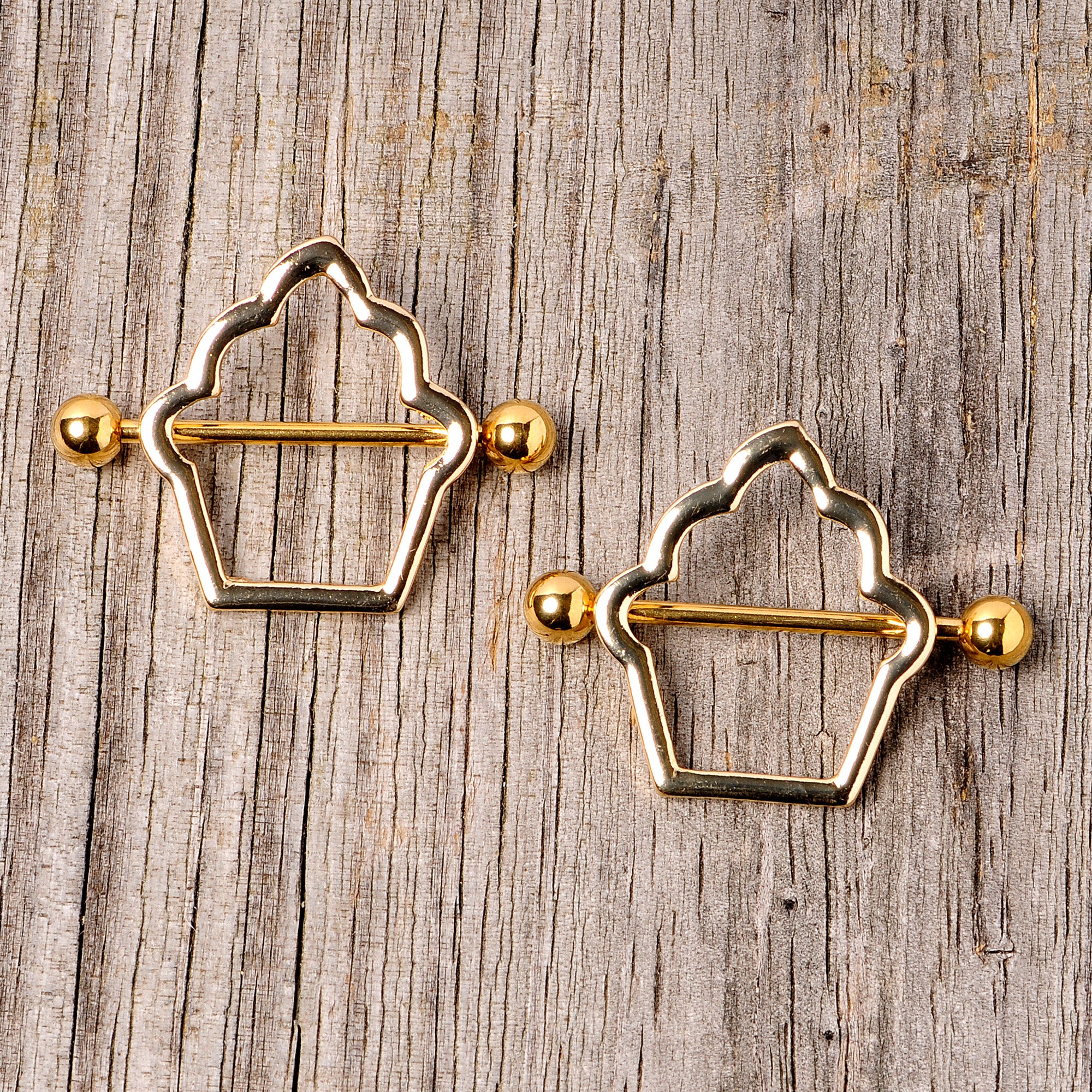 14G 9/16 Gold Tone Hollow Cupcake Nipple Shield Set - Image 4