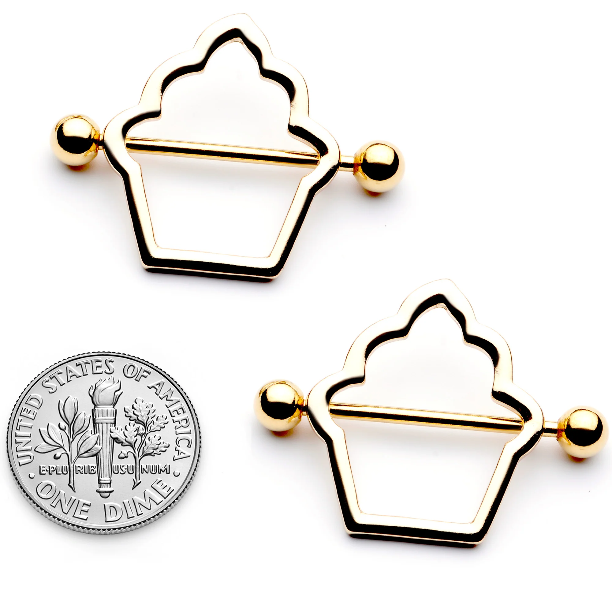 14G 9/16 Gold Tone Hollow Cupcake Nipple Shield Set - Image 5