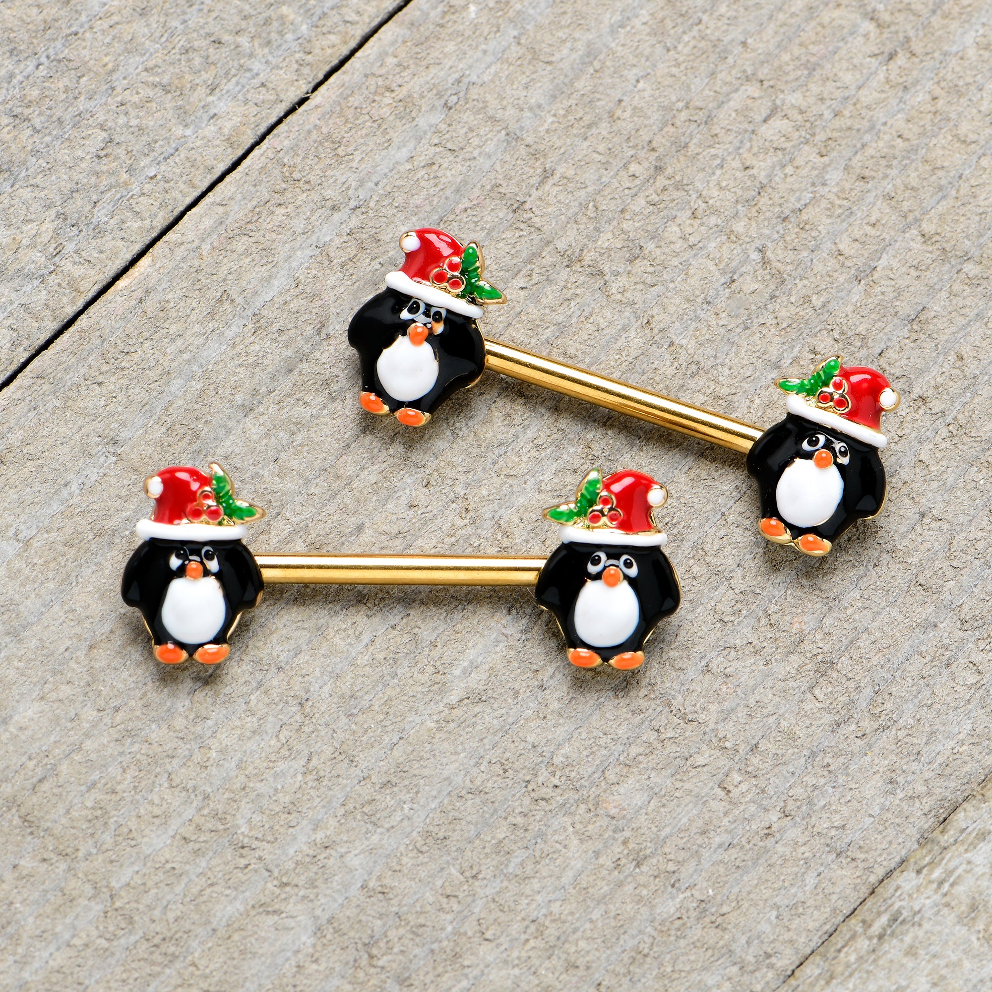 14G 9/16 Gold Tone Holly Hat Penguin Barbell Nipple Ring Set - Image 7