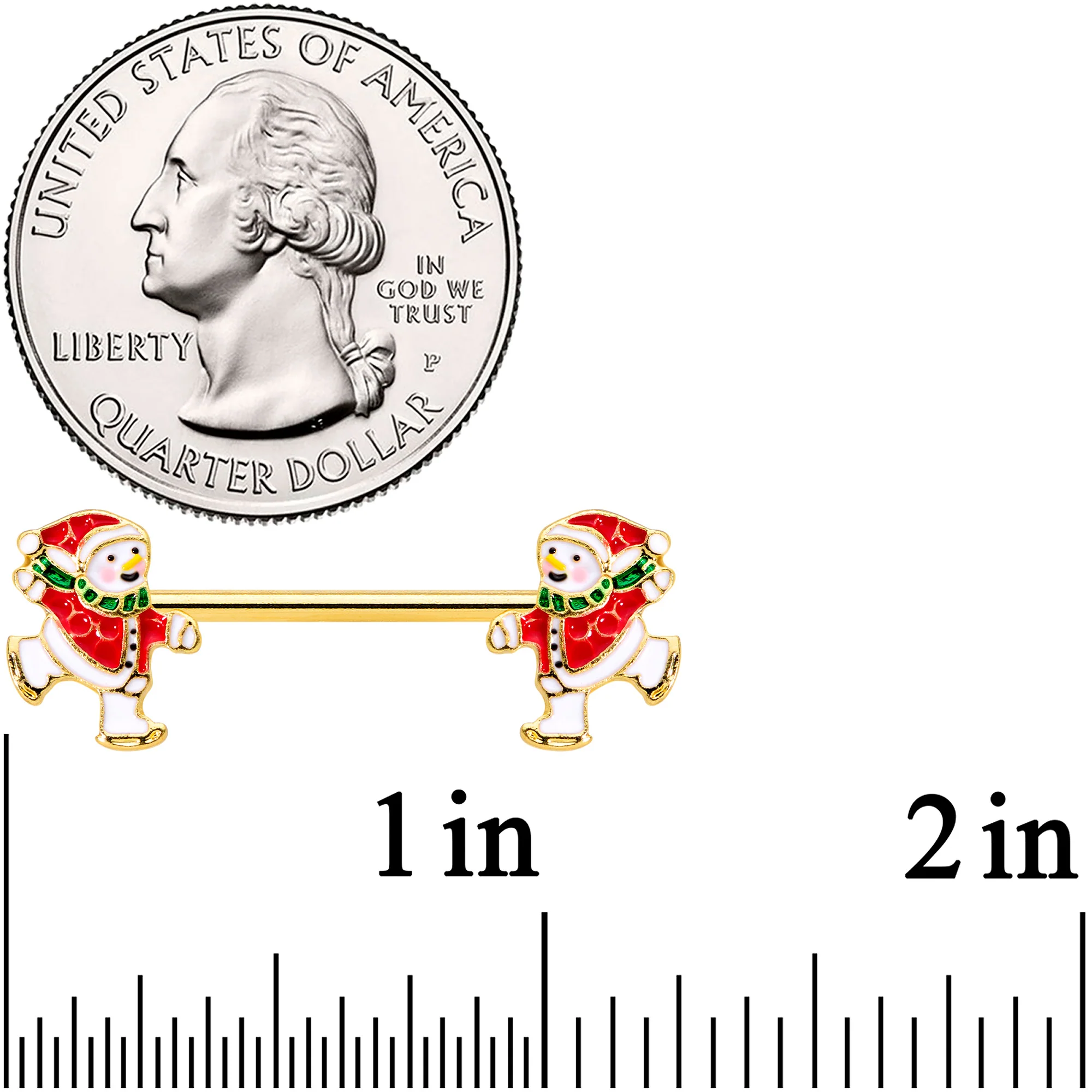 14G 9/16 Gold Tone Ice Skate Snowman Christmas Nipple Ring Set - Image 3