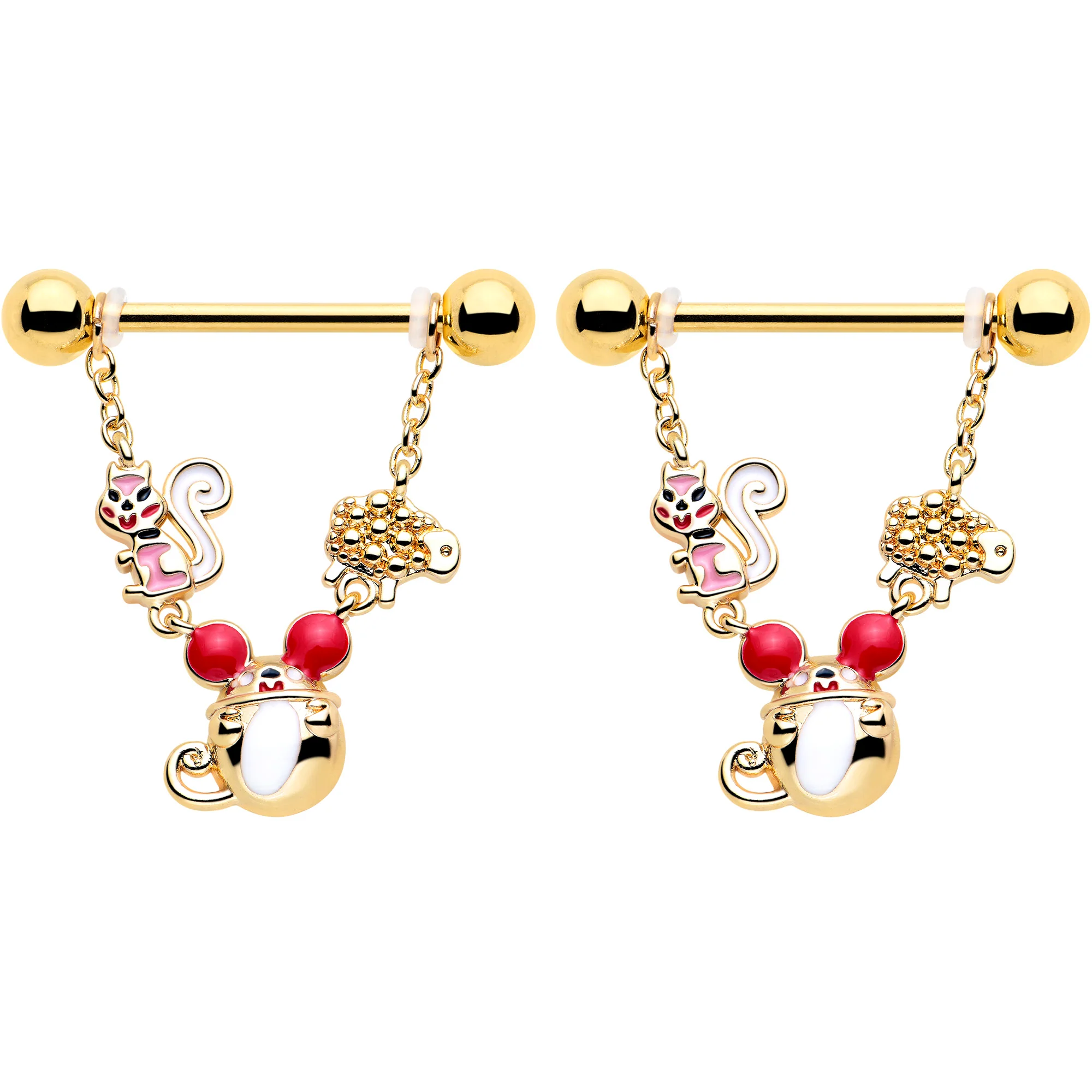 14G 9/16 Gold Tone Mouse Sheep Squirrel Dangle Nipple Ring Set - Image 2