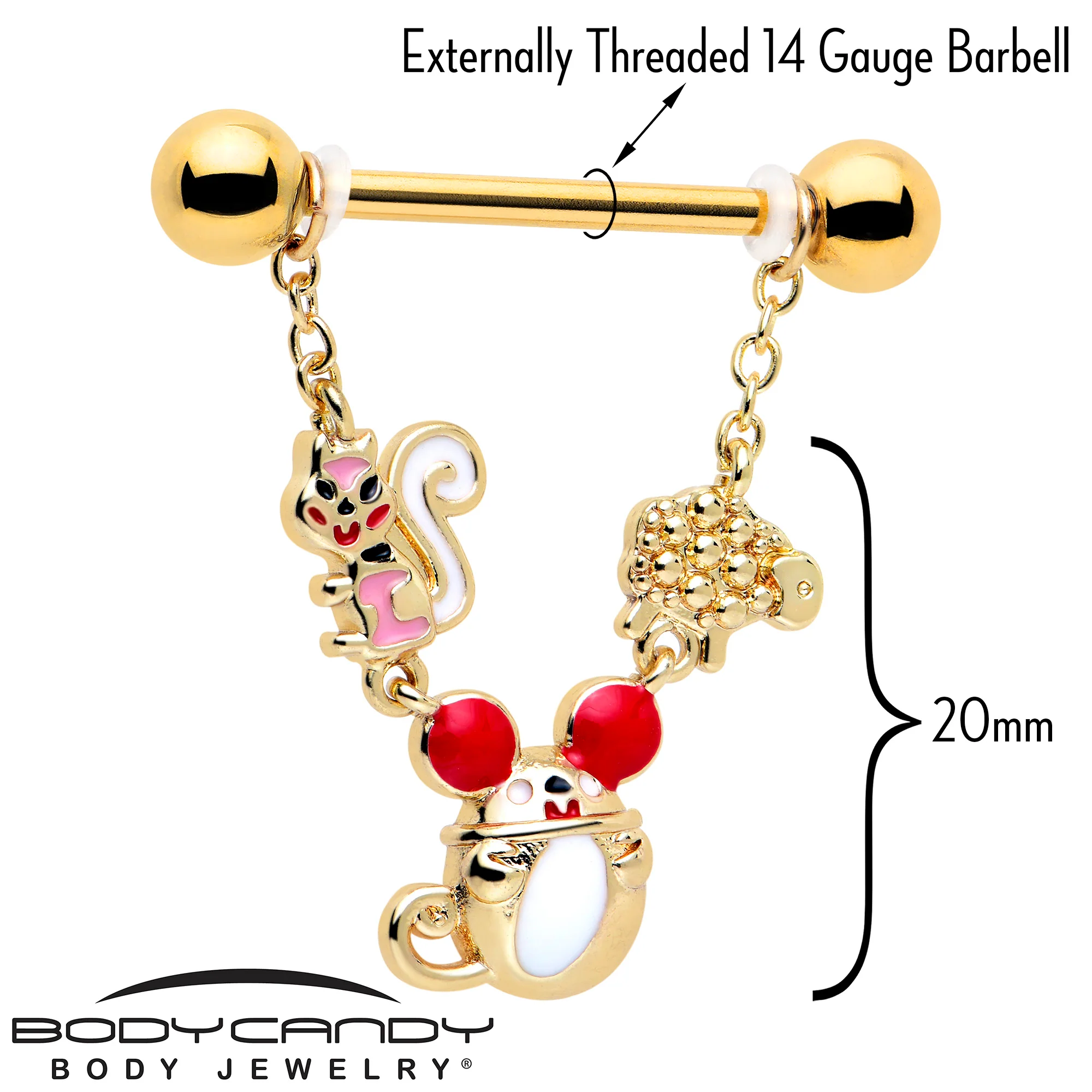 14G 9/16 Gold Tone Mouse Sheep Squirrel Dangle Nipple Ring Set - Image 3