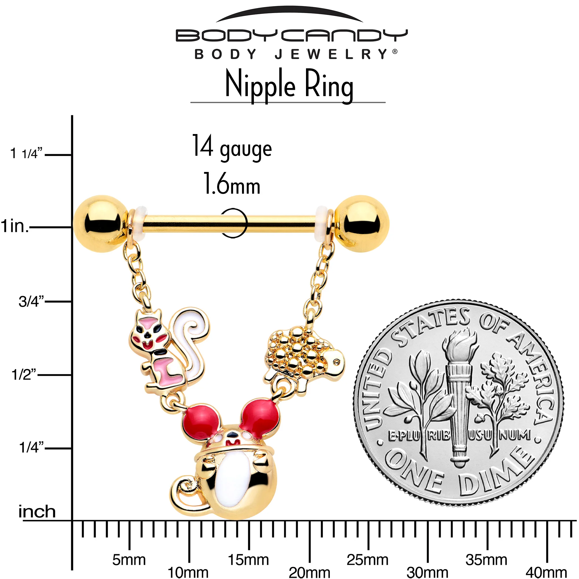 14G 9/16 Gold Tone Mouse Sheep Squirrel Dangle Nipple Ring Set - Image 4