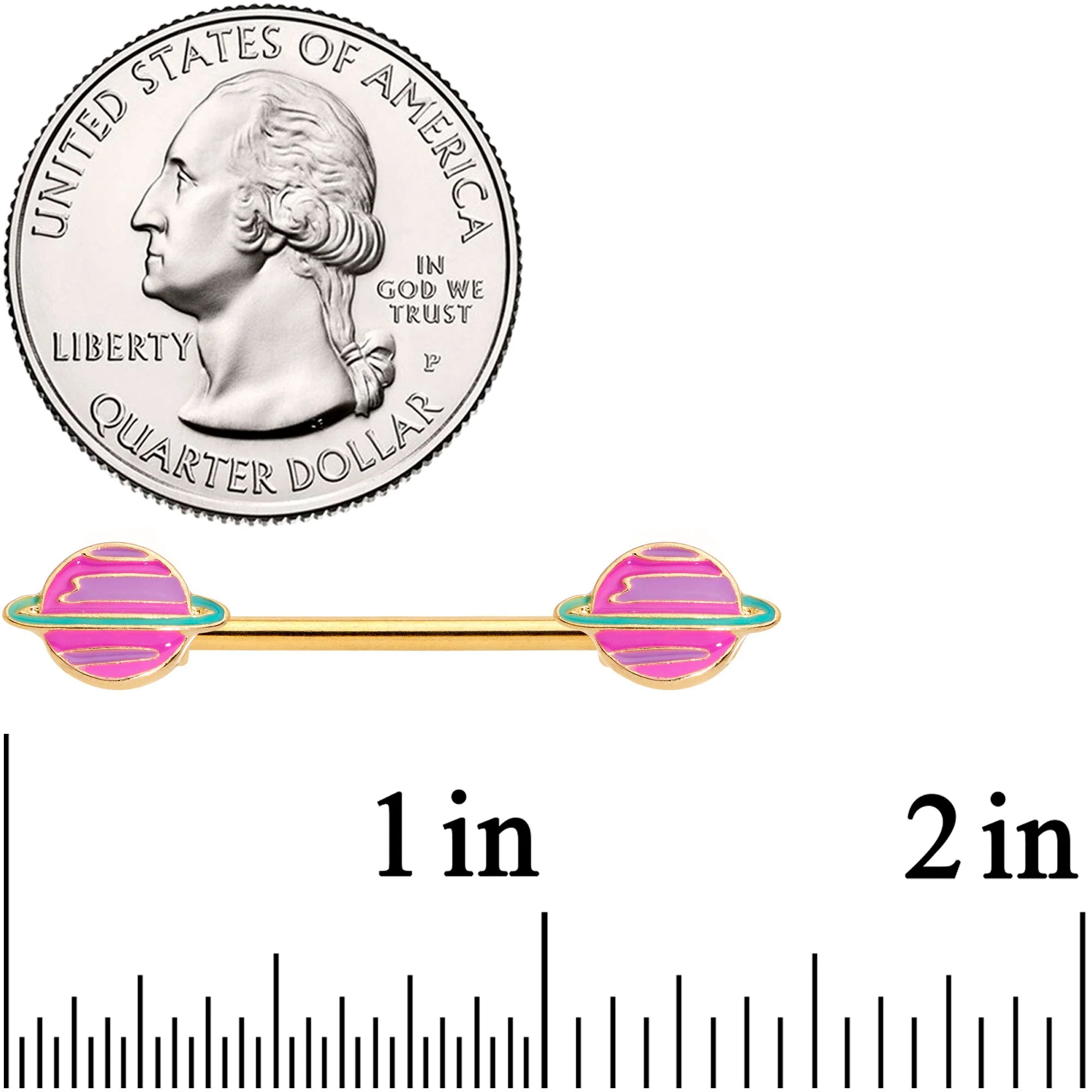 14G 9/16 Gold Tone Pink Planet Saturn Barbell Nipple Ring Set - Image 2
