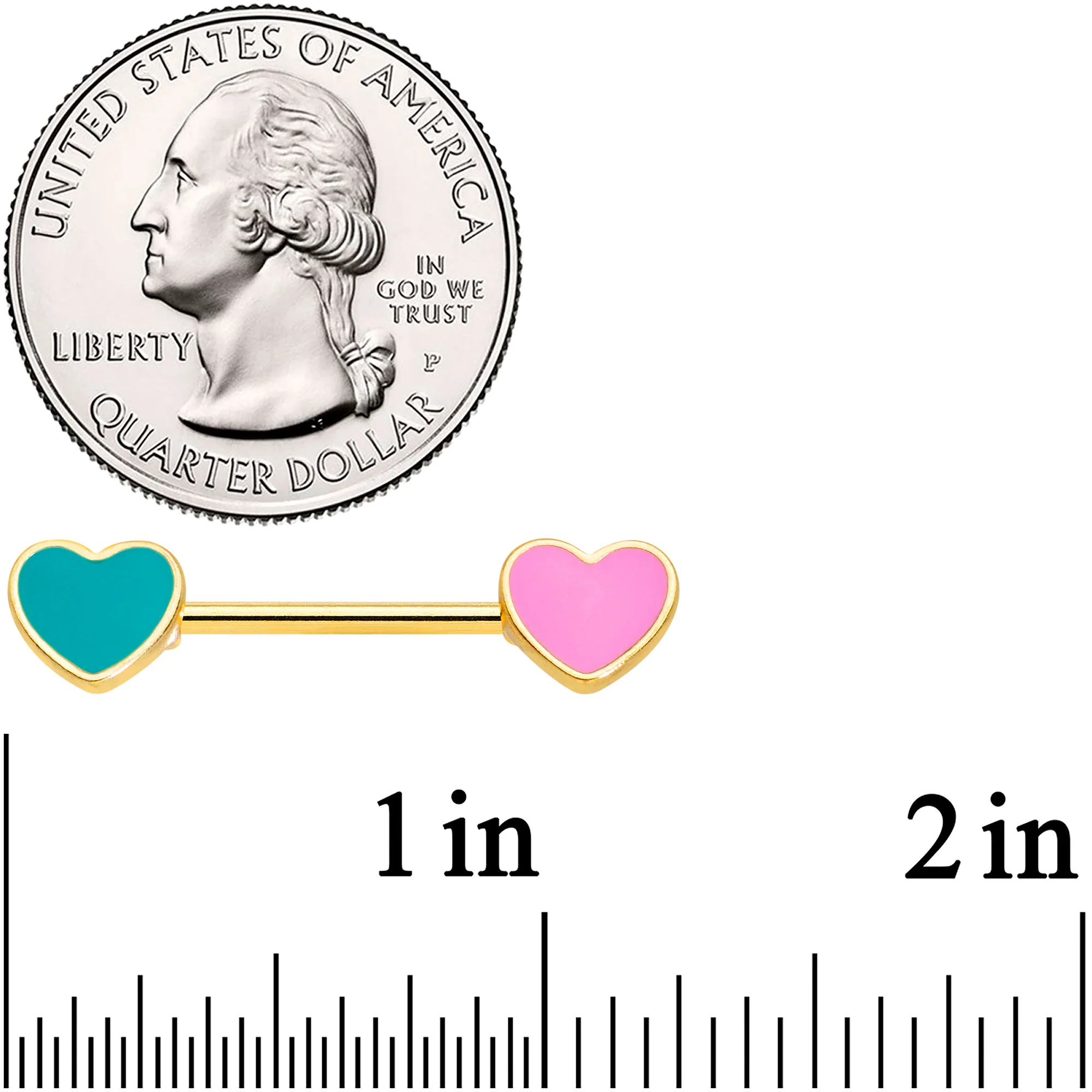 14G 9/16 Gold Tone Pink Teal Heart Valentines Day Nipple Ring Set - Image 2