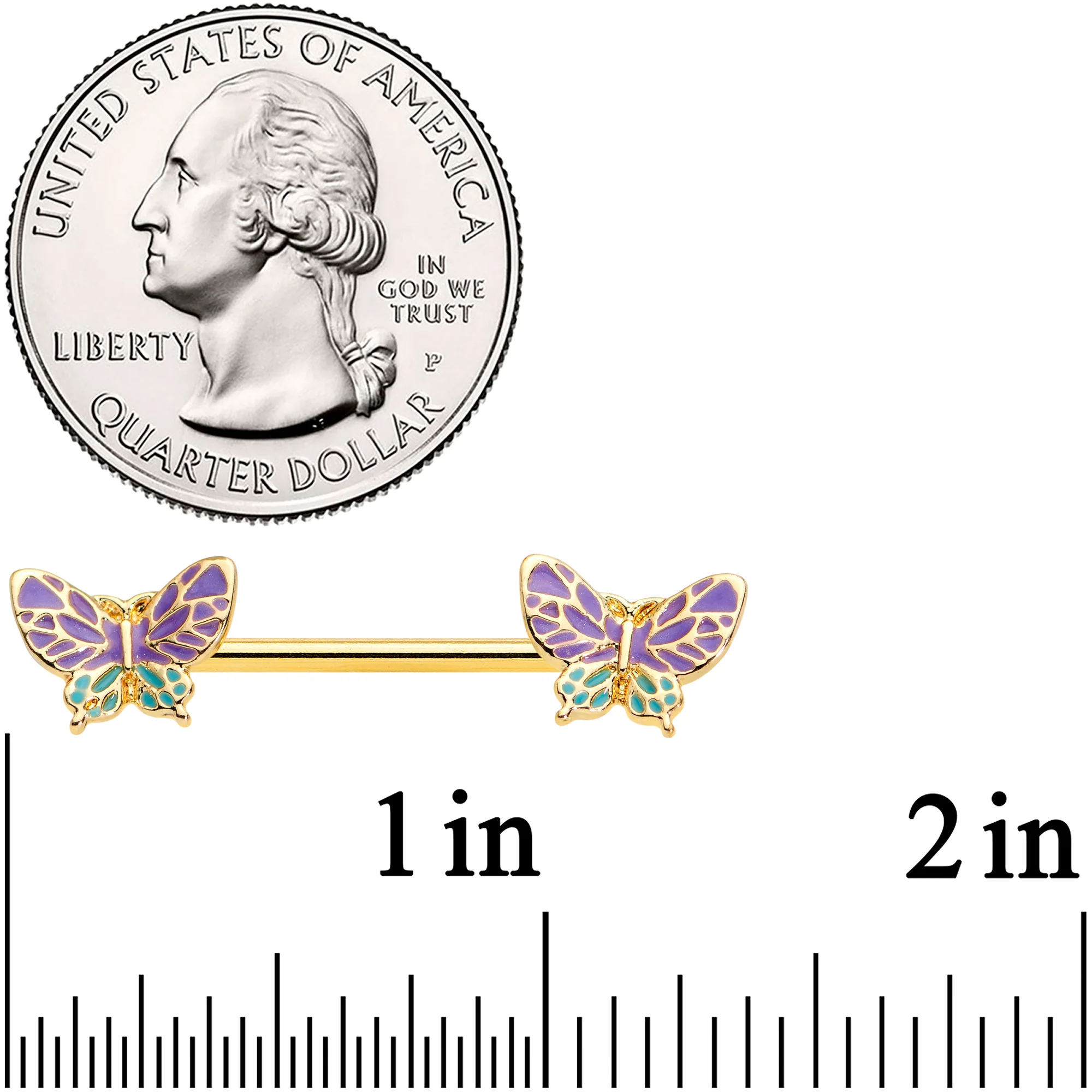 14G 9/16 Gold Tone Purple Green Butterfly Barbell Nipple Ring Set - Image 2