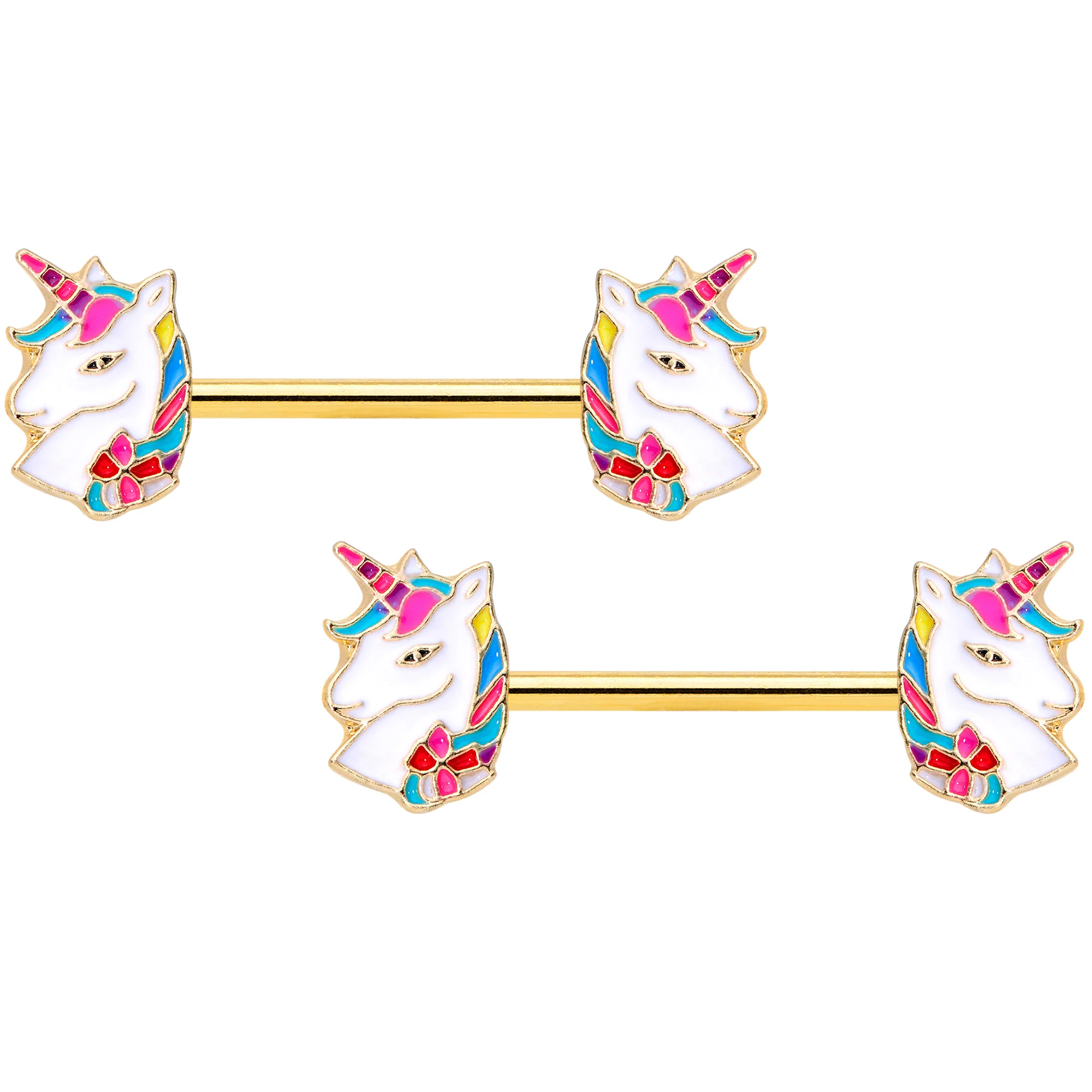 14G 9/16 Gold Tone Rainbow Unicorn Barbell Nipple Ring Set