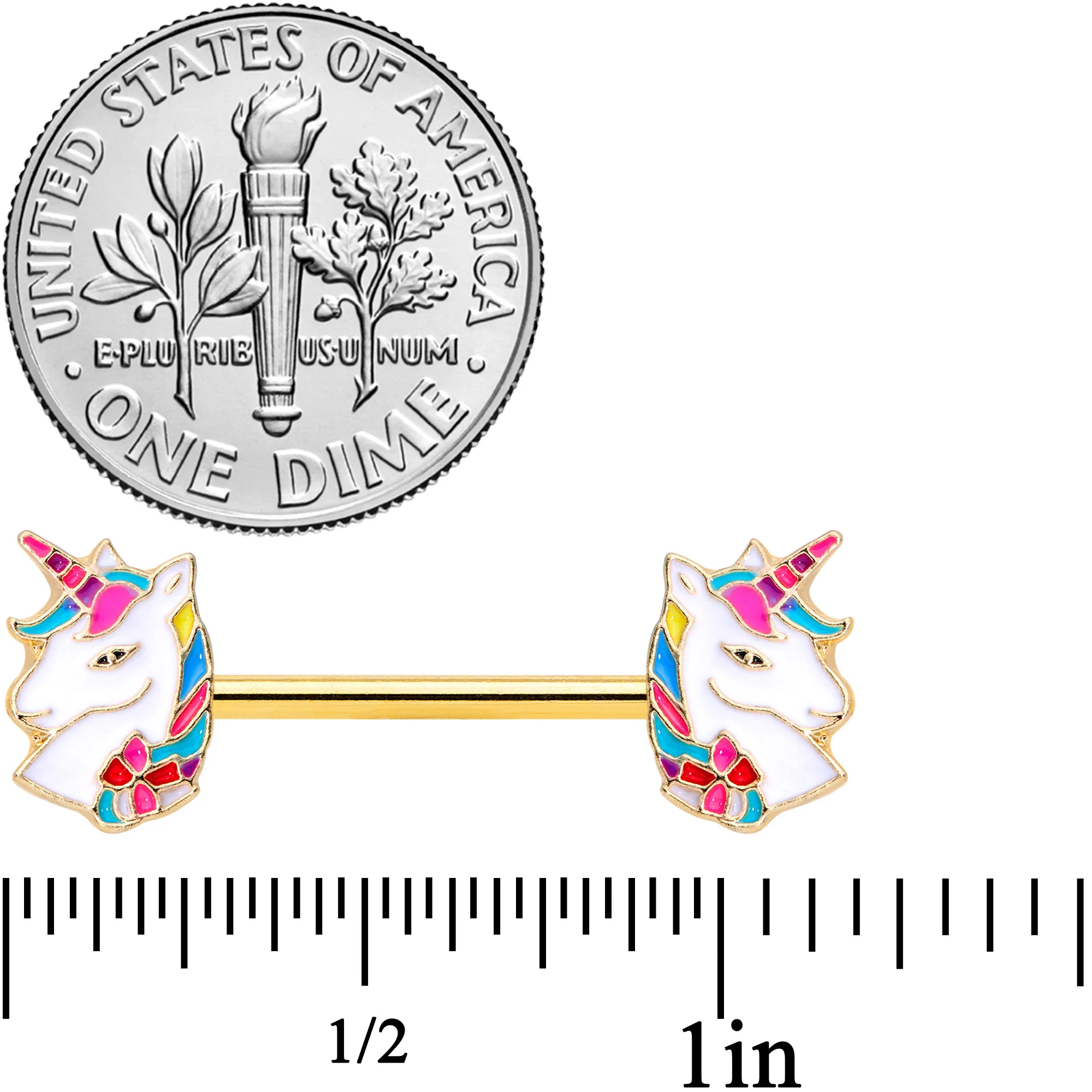 14G 9/16 Gold Tone Rainbow Unicorn Barbell Nipple Ring Set - Image 2