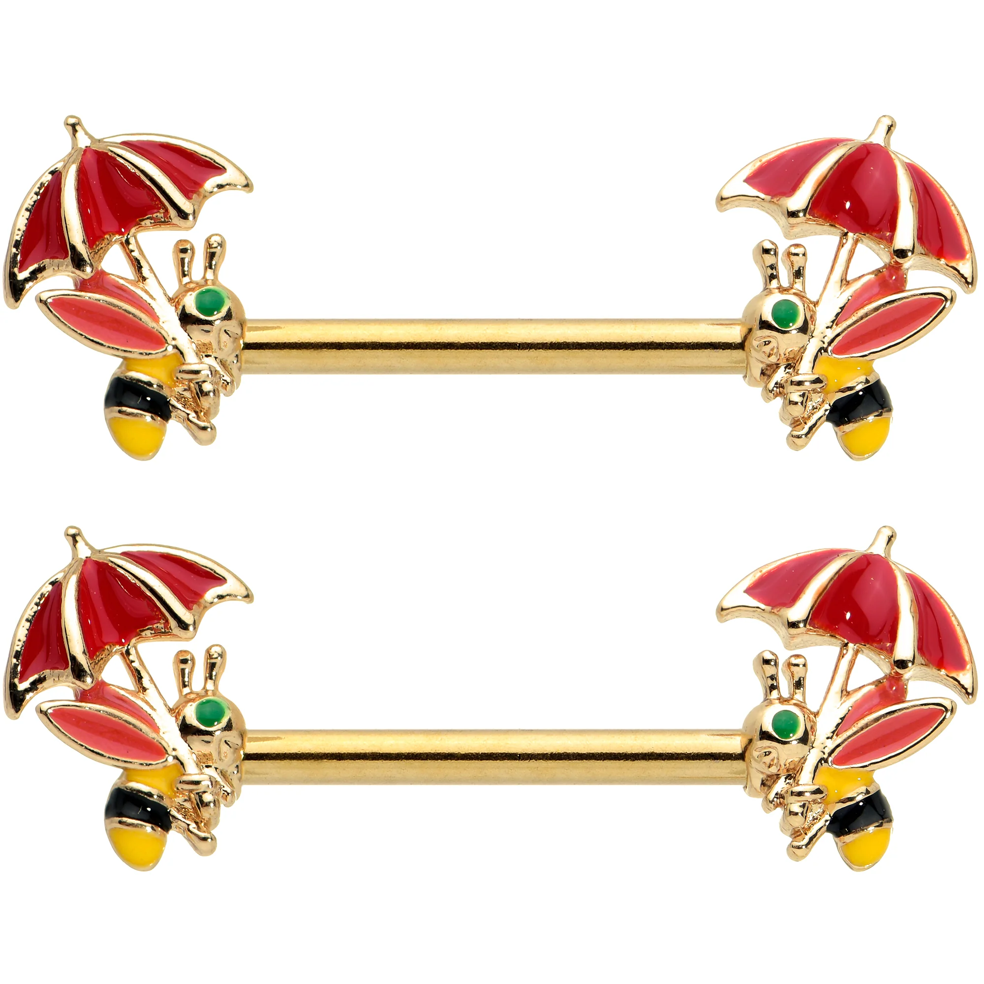 14G 9/16 Gold Tone Rainy Day Umbrella Bee Barbell Nipple Ring Set - Image 2