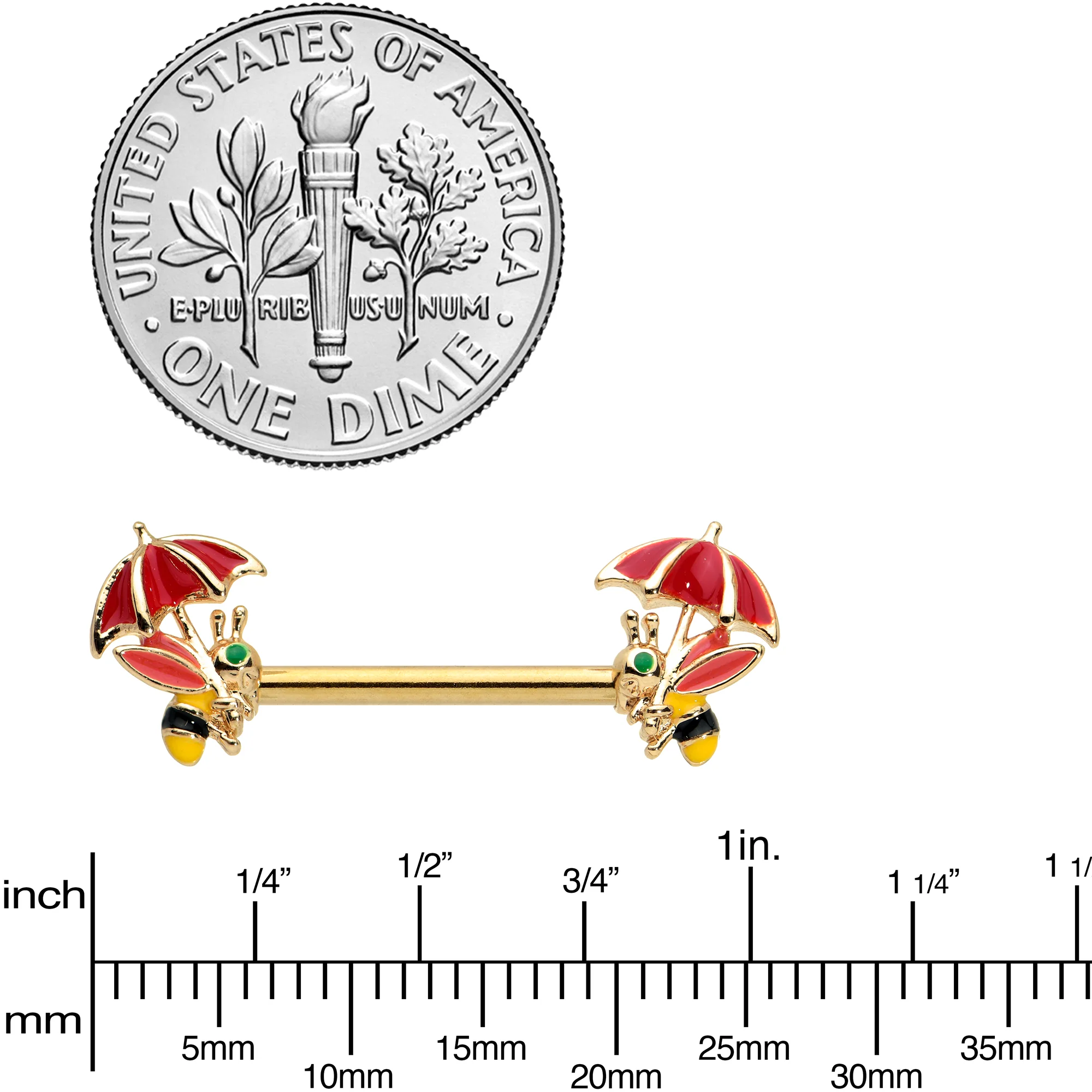 14G 9/16 Gold Tone Rainy Day Umbrella Bee Barbell Nipple Ring Set - Image 3