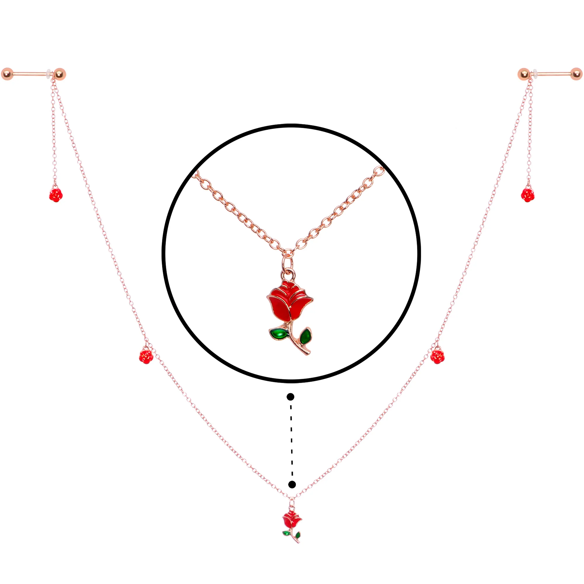 14G 9/16 Gold Tone Red Flower Valentine Dangle Nipple Chain - Image 3