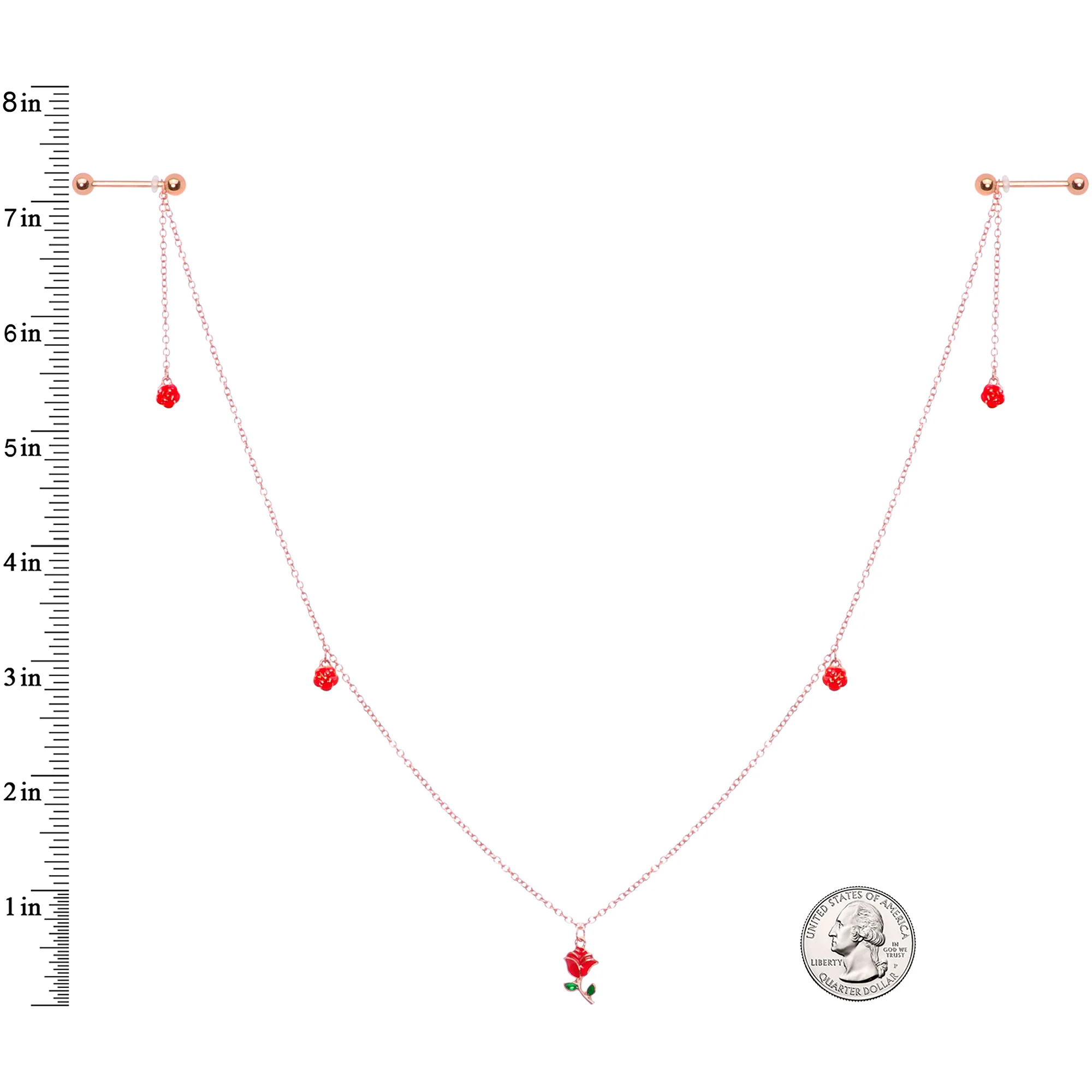 14G 9/16 Gold Tone Red Flower Valentine Dangle Nipple Chain - Image 4