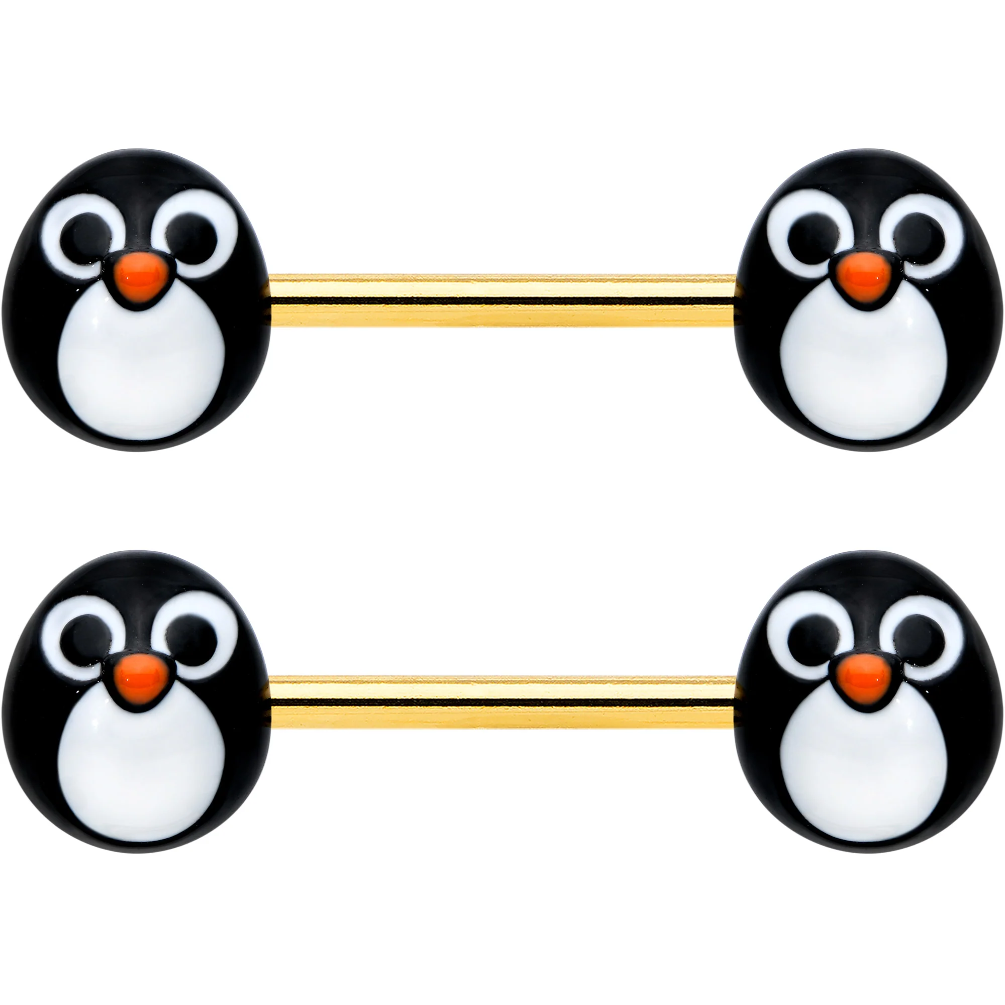 14G 9/16 Gold Tone Round Penguin Face Barbell Nipple Ring Set - Image 3