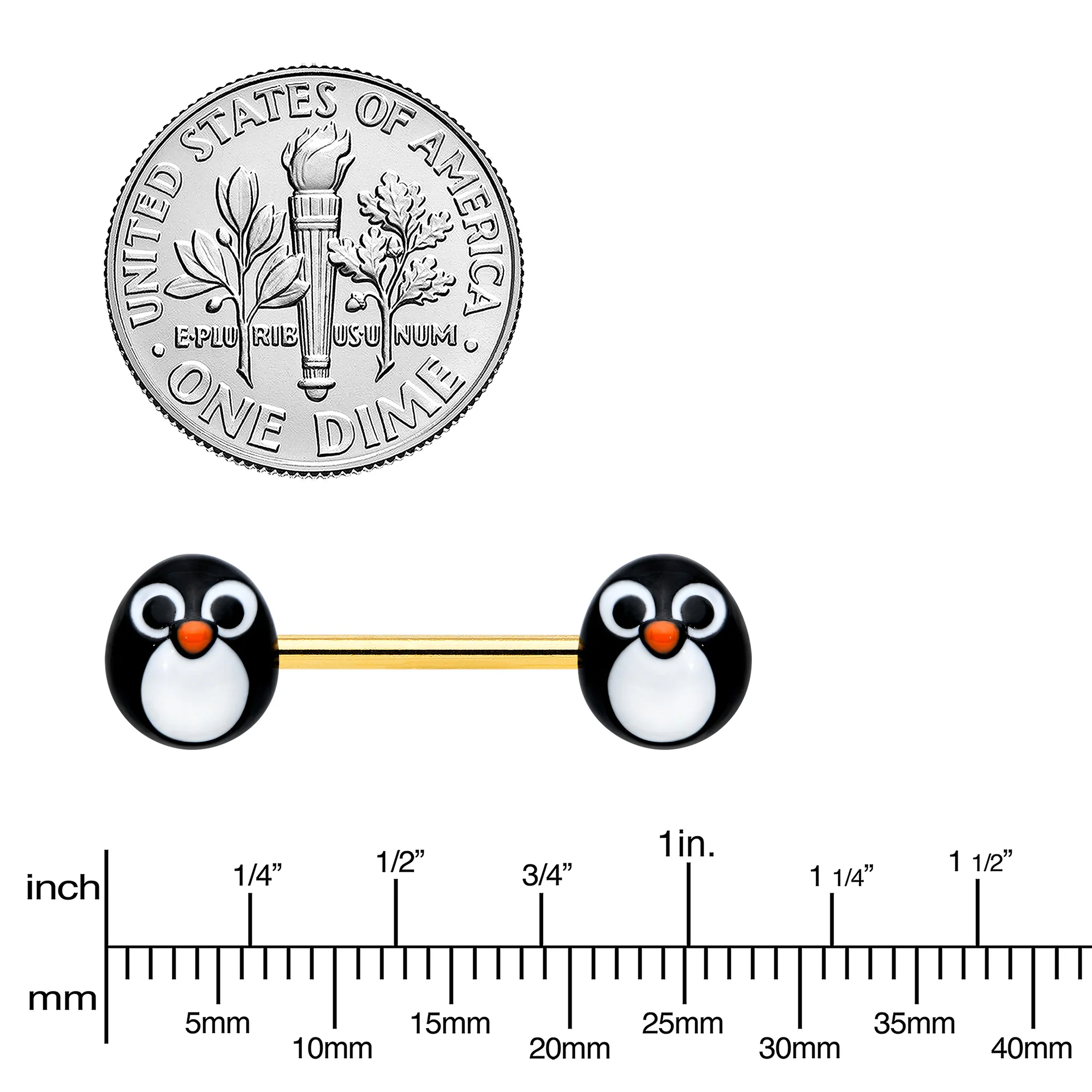 14G 9/16 Gold Tone Round Penguin Face Barbell Nipple Ring Set - Image 4