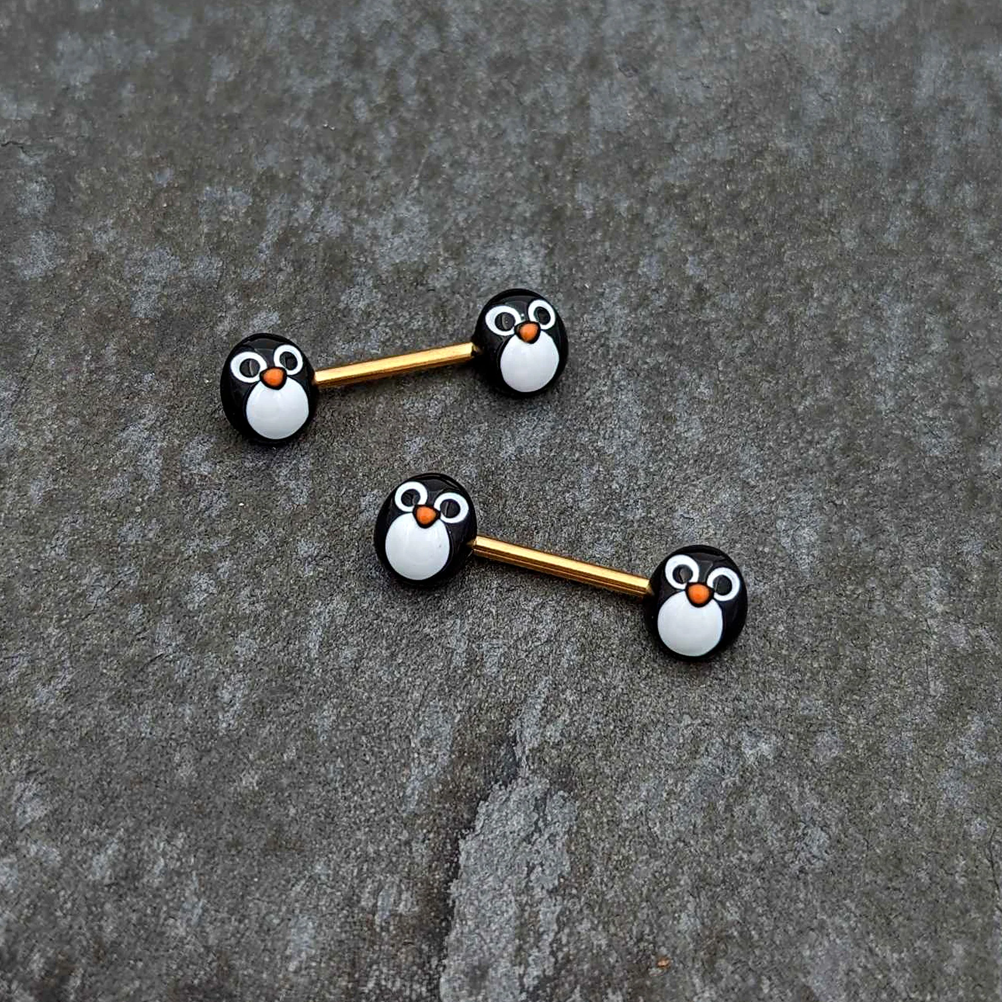 14G 9/16 Gold Tone Round Penguin Face Barbell Nipple Ring Set - Image 5