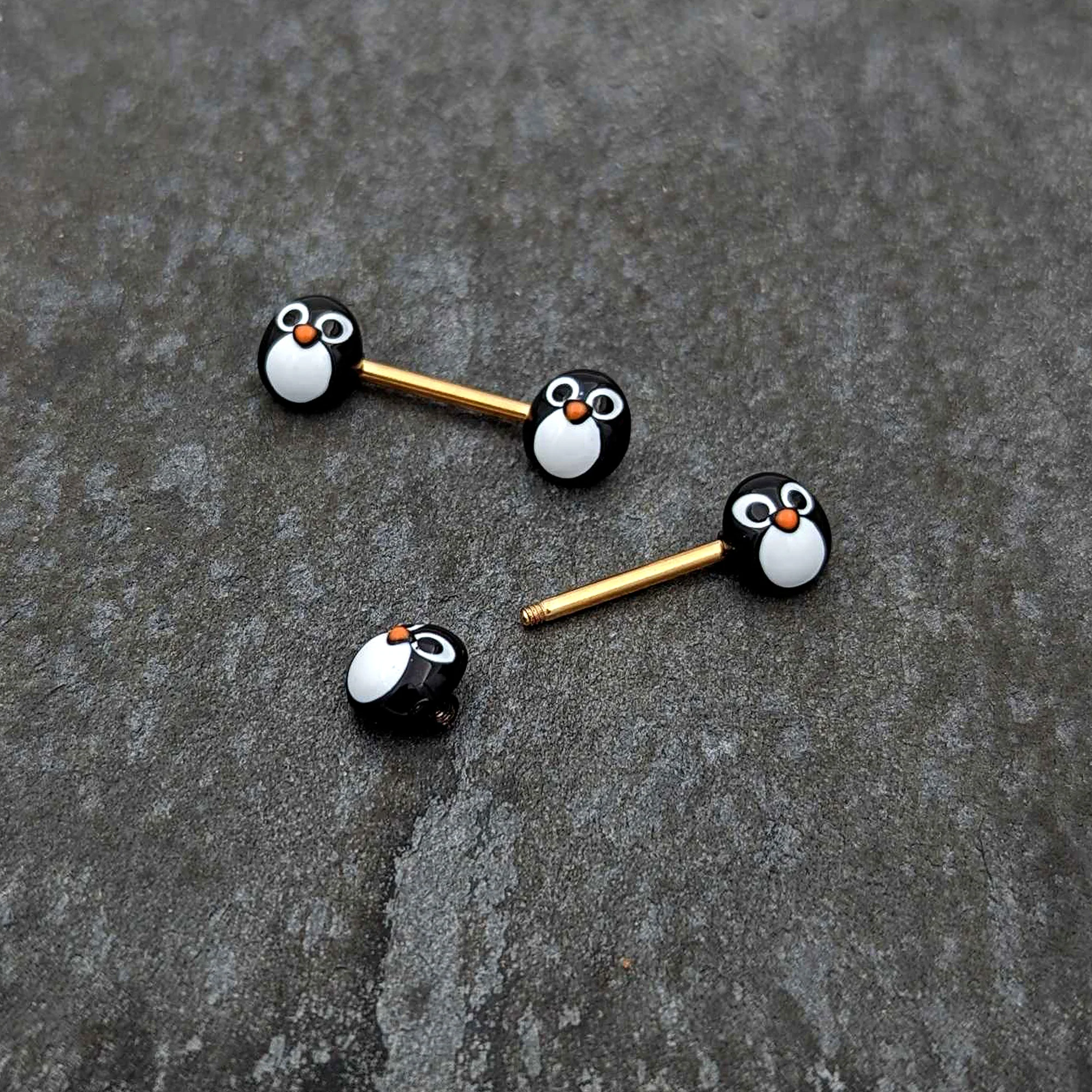 14G 9/16 Gold Tone Round Penguin Face Barbell Nipple Ring Set - Image 6