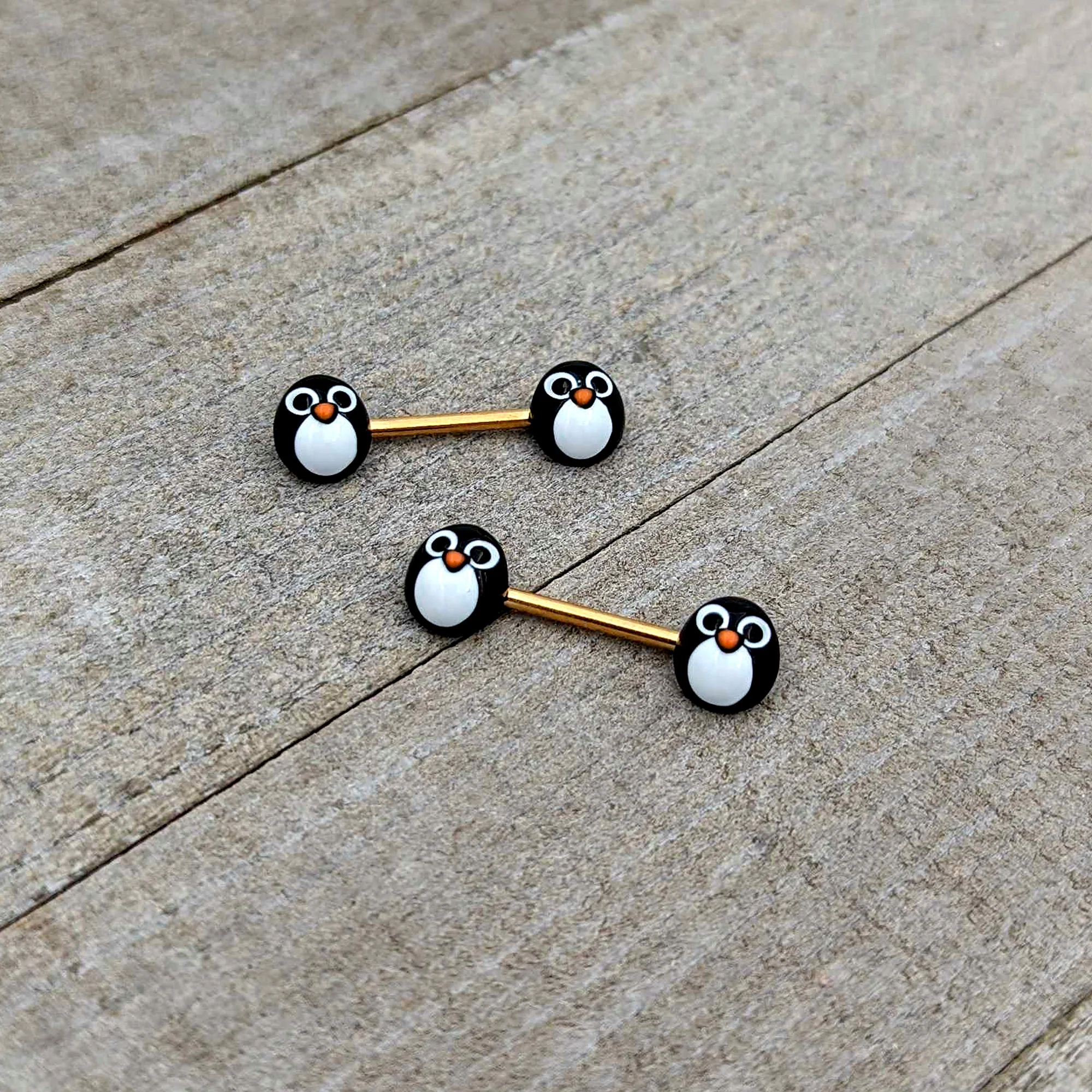 14G 9/16 Gold Tone Round Penguin Face Barbell Nipple Ring Set - Image 7