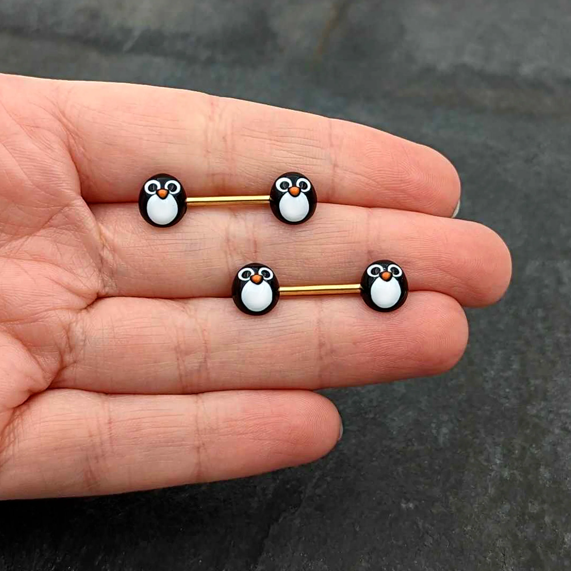 14G 9/16 Gold Tone Round Penguin Face Barbell Nipple Ring Set - Image 8