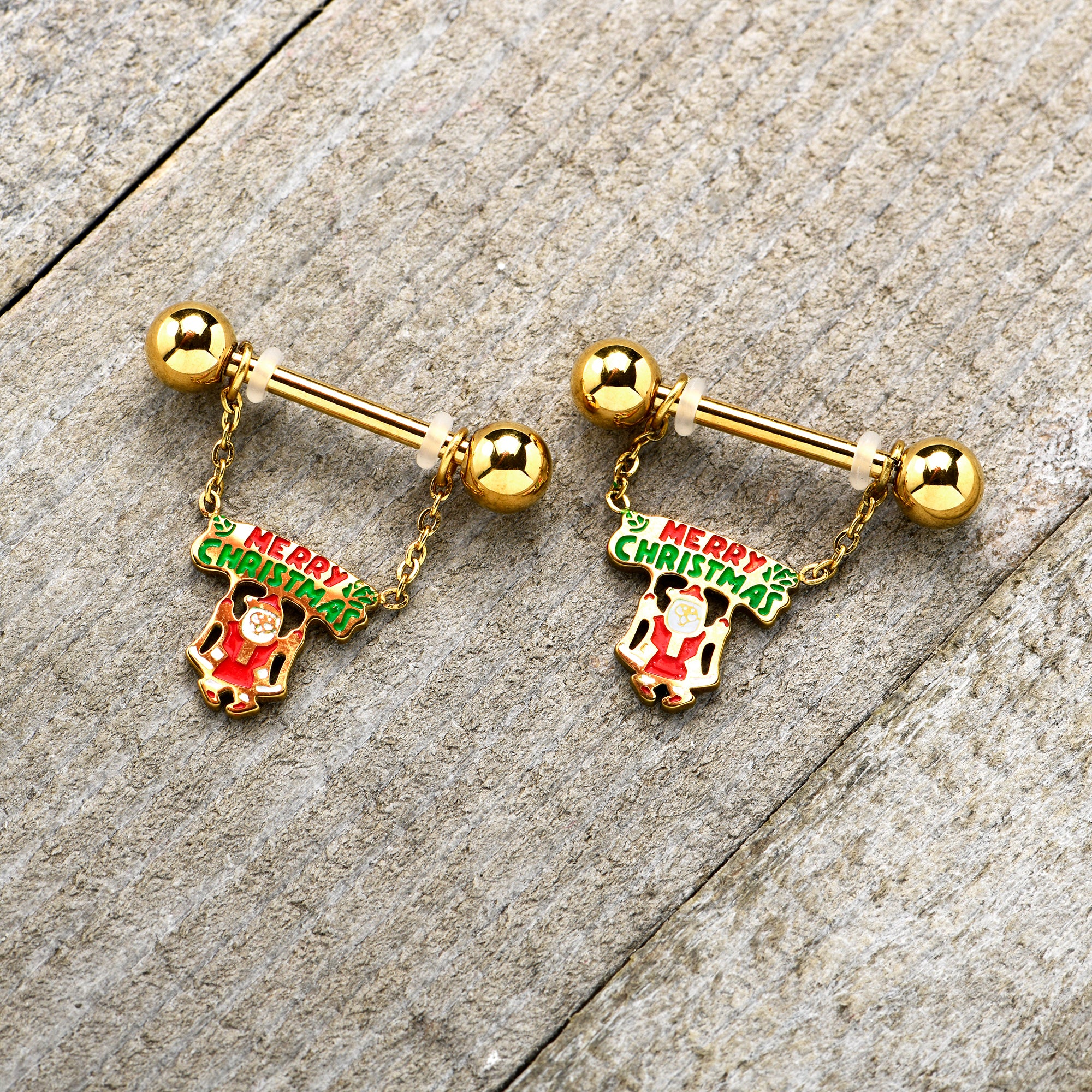 14G 9/16 Gold Tone Santa Merry Christmas Dangle Nipple Ring Set - Image 3