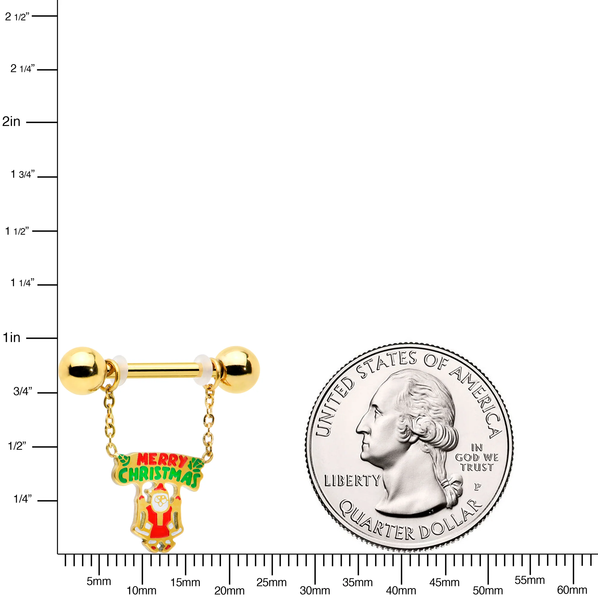 14G 9/16 Gold Tone Santa Merry Christmas Dangle Nipple Ring Set - Image 5