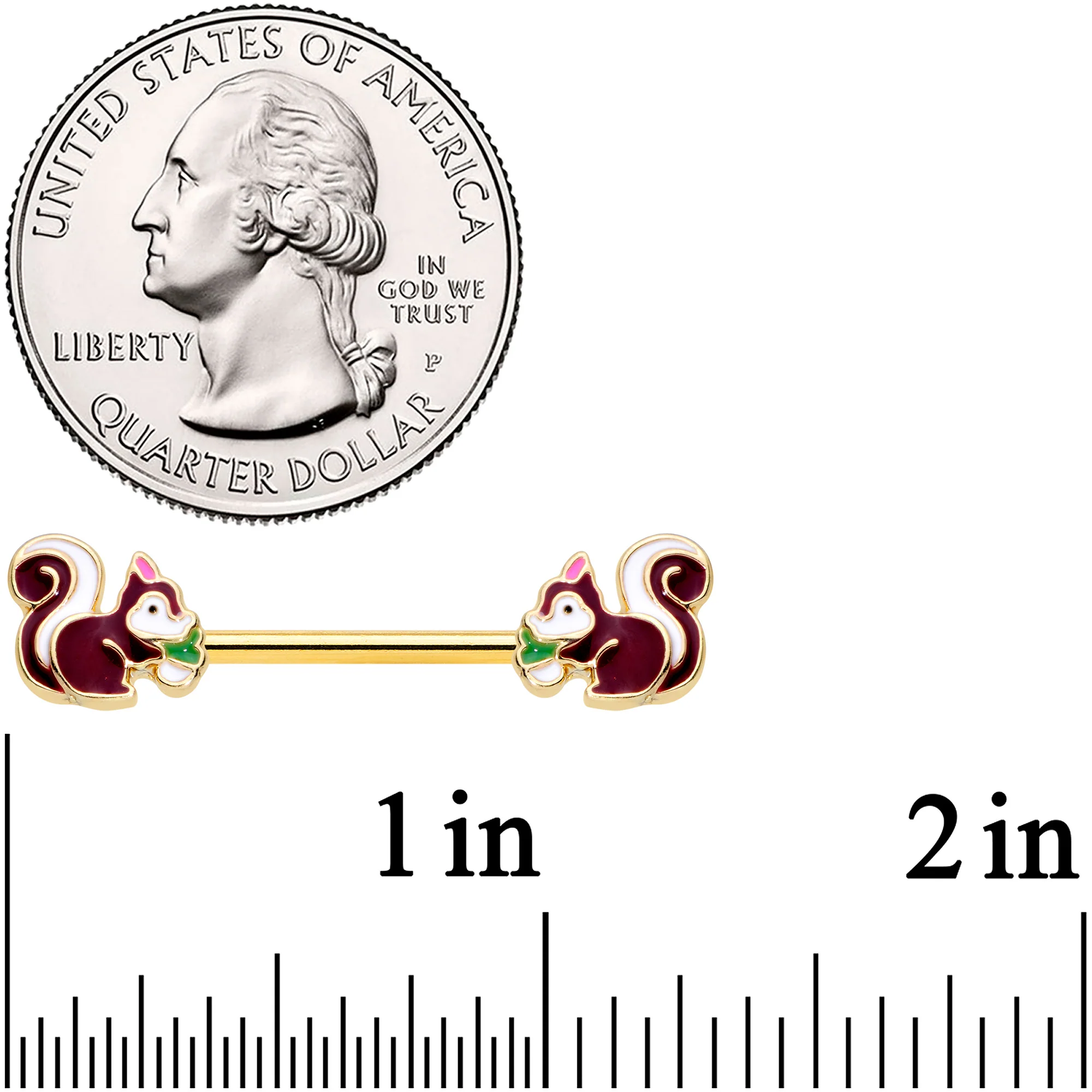 14G 9/16 Gold Tone Snacking Squirrel Barbell Nipple Ring Set - Image 2