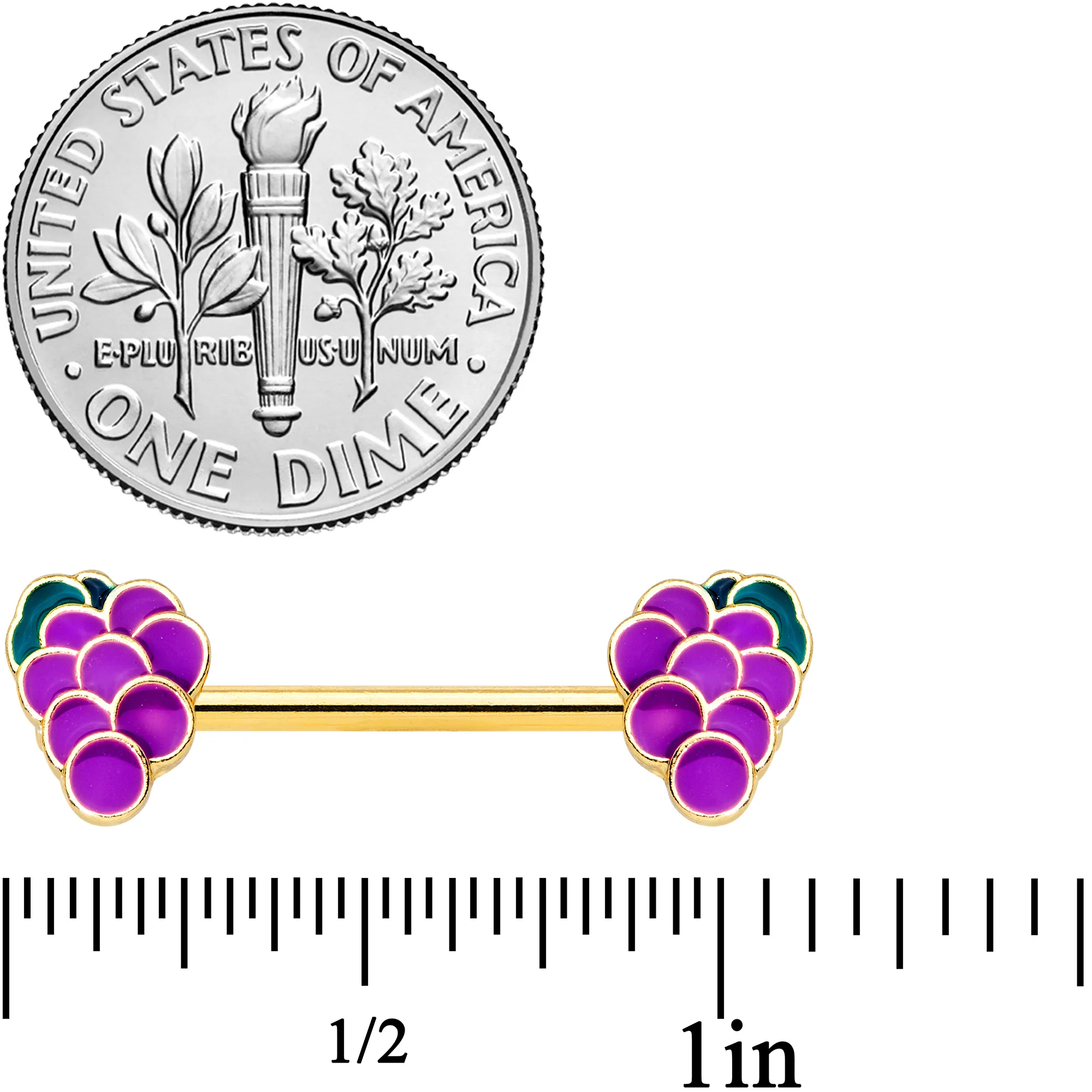 14G 9/16 Gold Tone Sweet Purple Grapes Barbell Nipple Ring Set - Image 2