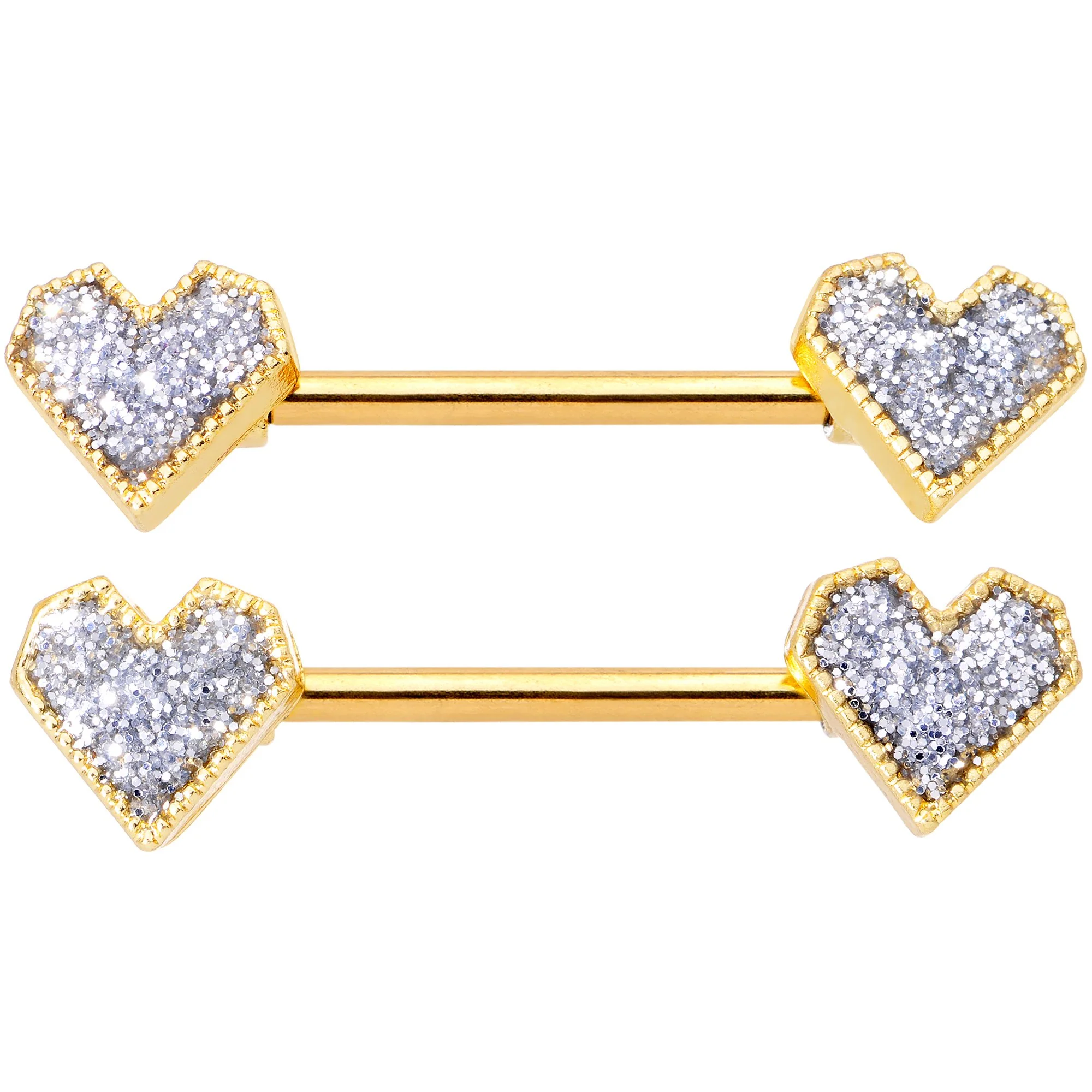 14G 9/16 Gold Tone Valentine Heart Barbell Nipple Ring Set - Image 2