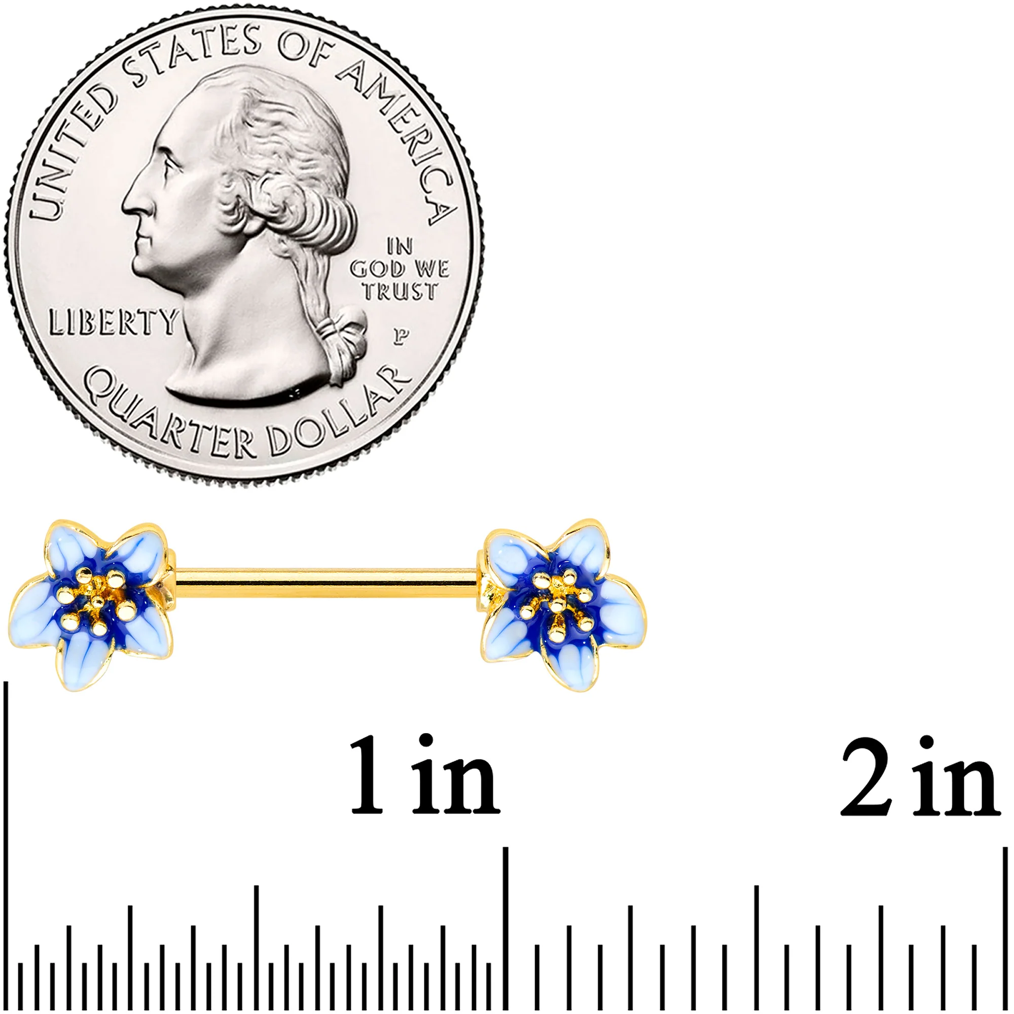 14G 9/16 Gold Tone White Blue Flower Barbell Nipple Ring Set - Image 2