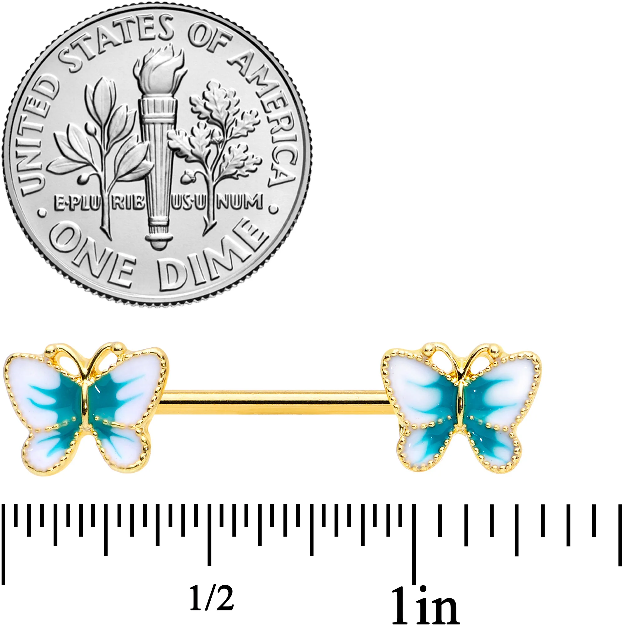 14G 9/16 Gold Tone White Green Butterfly Barbell Nipple Set - Image 2