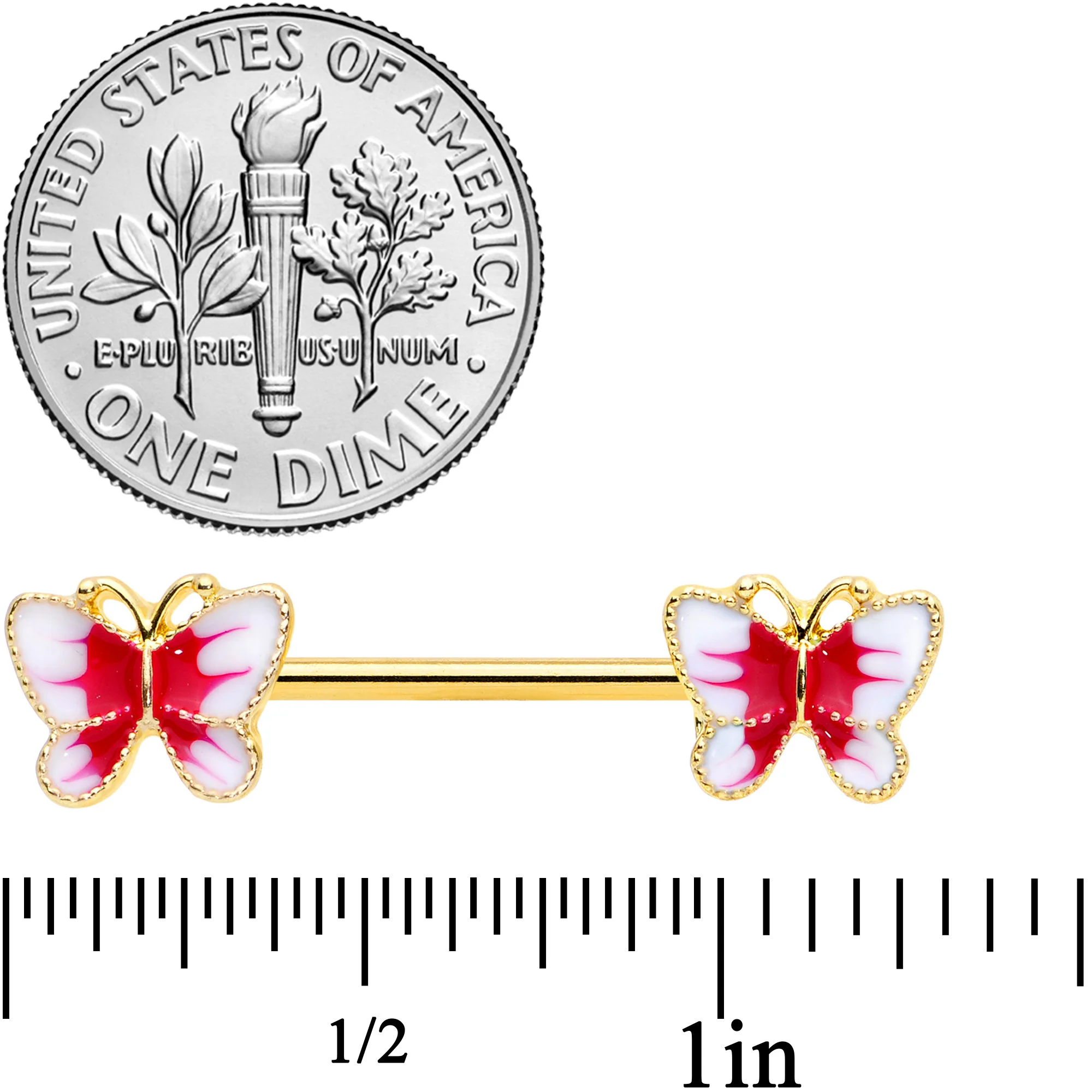 14G 9/16 Gold Tone White Red Butterfly Barbell Nipple Set - Image 2
