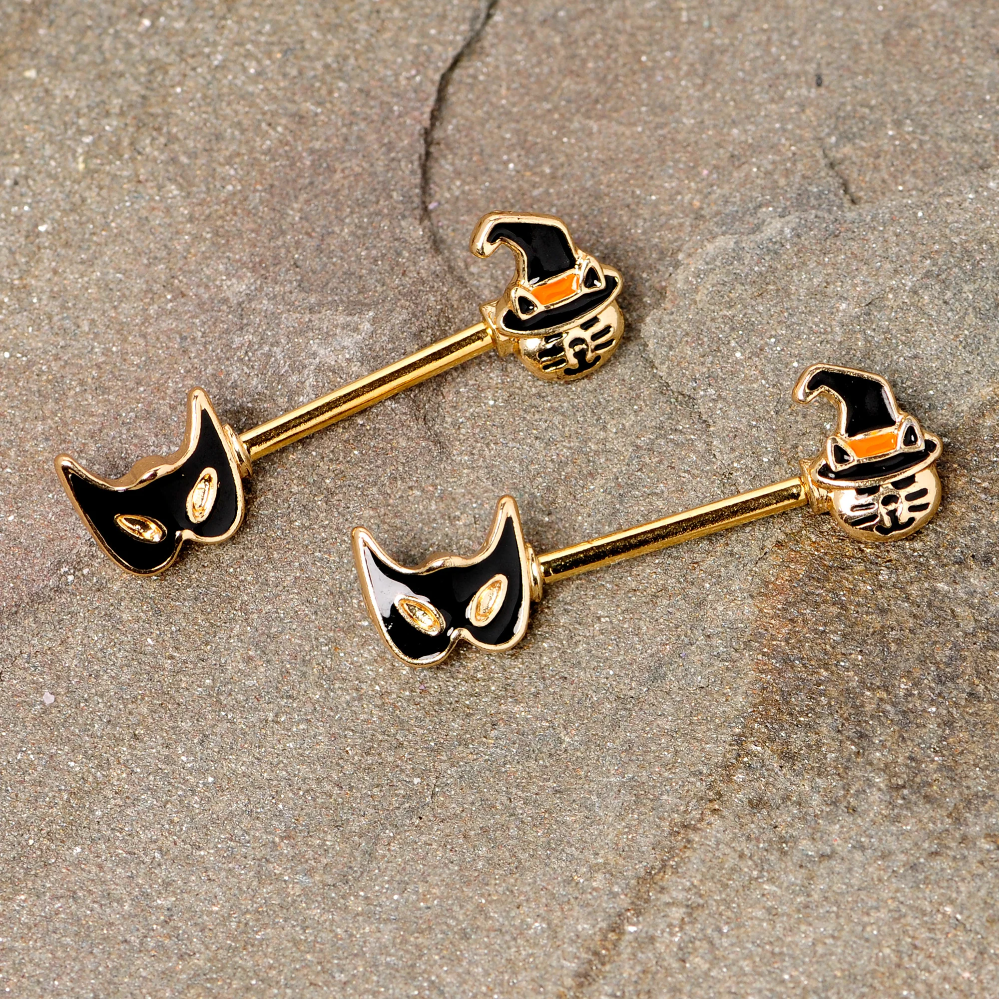 14G 9/16 Gold Tone Witch Cat Halloween Barbell Nipple Ring Set - Image 2