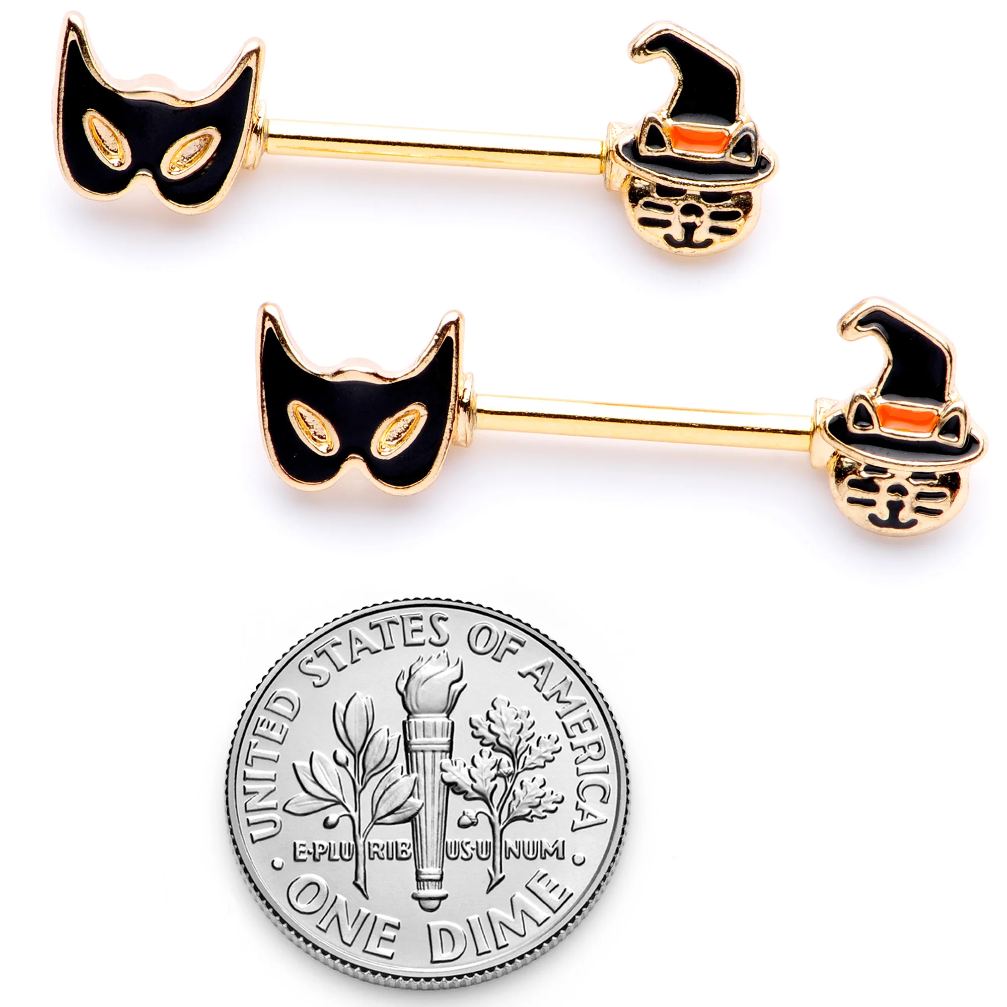 14G 9/16 Gold Tone Witch Cat Halloween Barbell Nipple Ring Set - Image 4