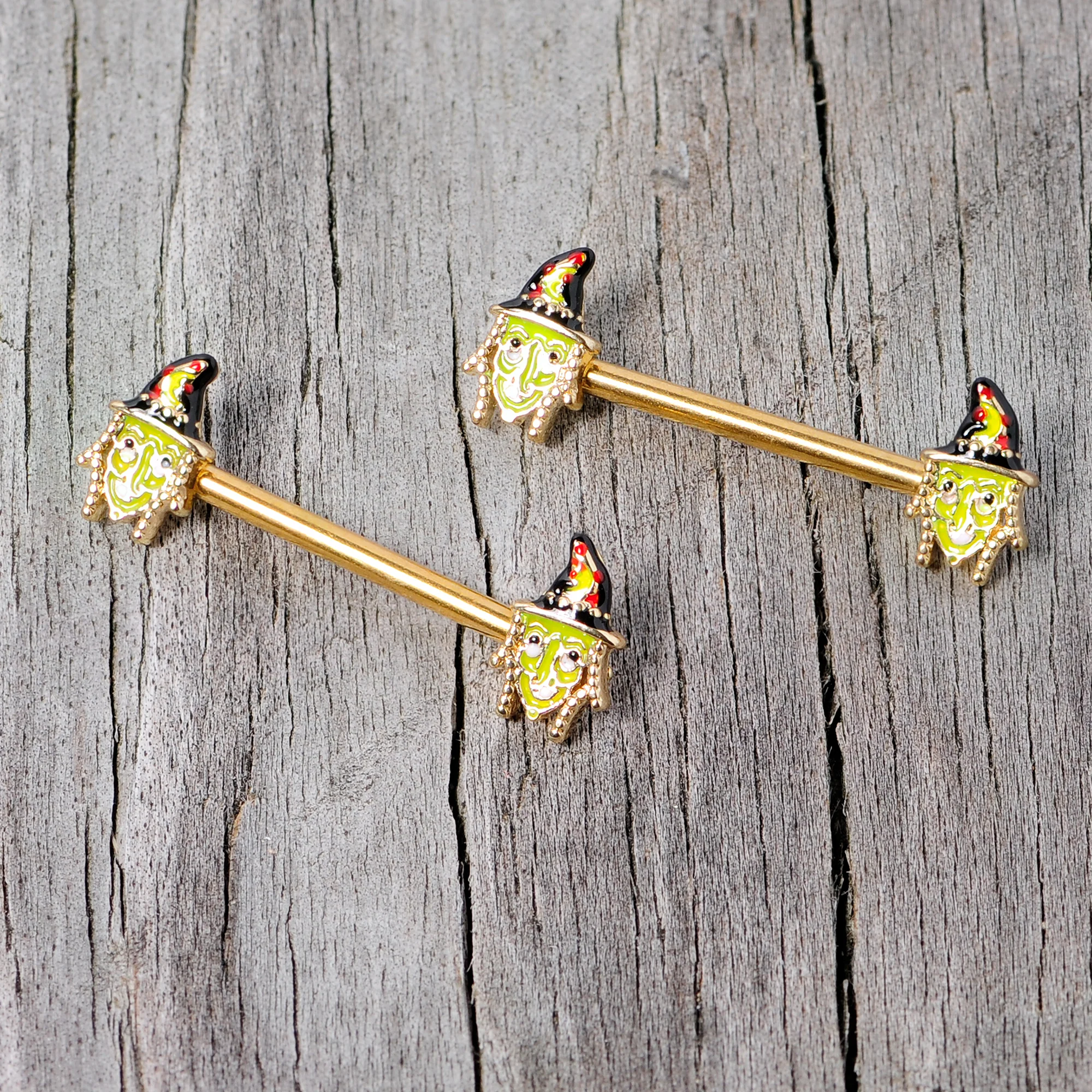 14G 9/16 Gold Tone Witch Halloween Barbell Nipple Ring Set - Image 3