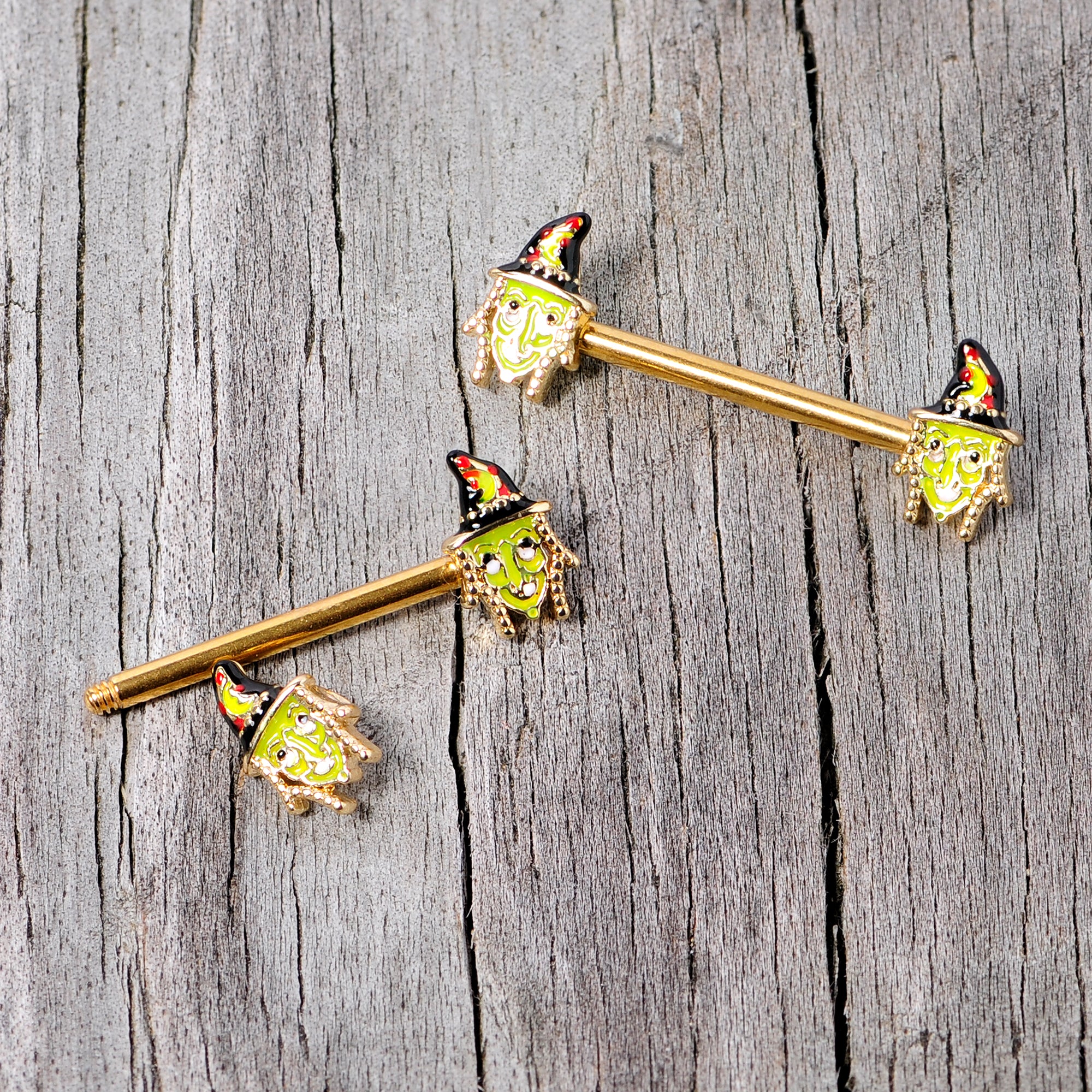 14G 9/16 Gold Tone Witch Halloween Barbell Nipple Ring Set - Image 4