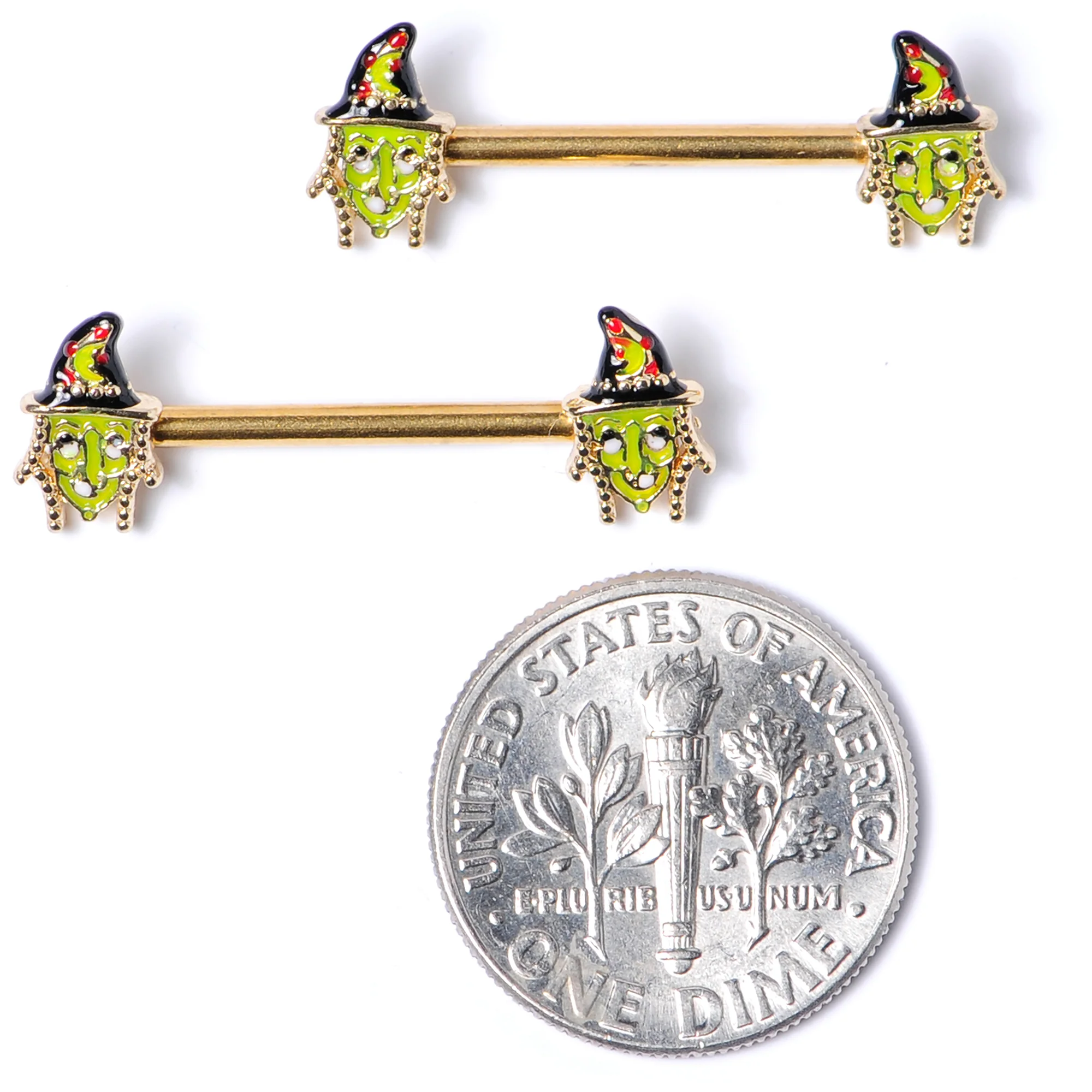 14G 9/16 Gold Tone Witch Halloween Barbell Nipple Ring Set - Image 5