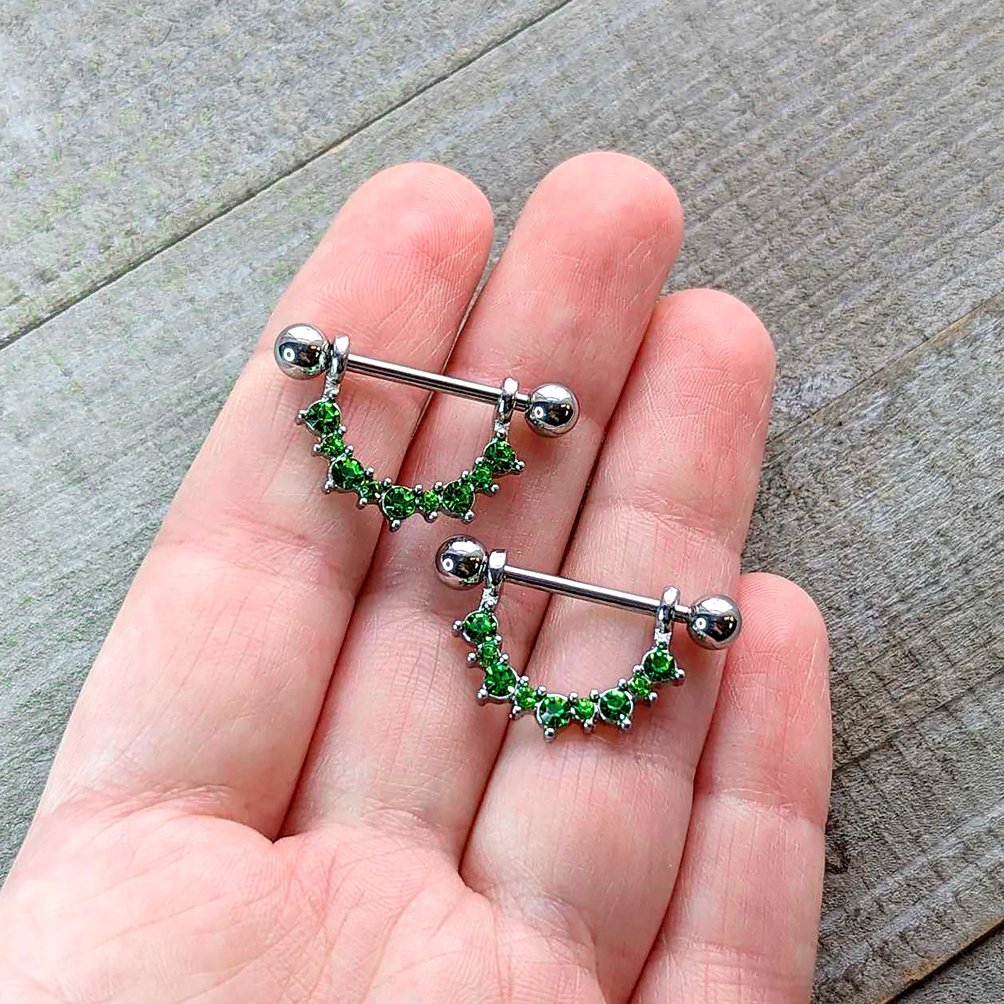 14G 9/16 Green CZ Gem August Birthstone Dangle Nipple Shield Set - Image 2