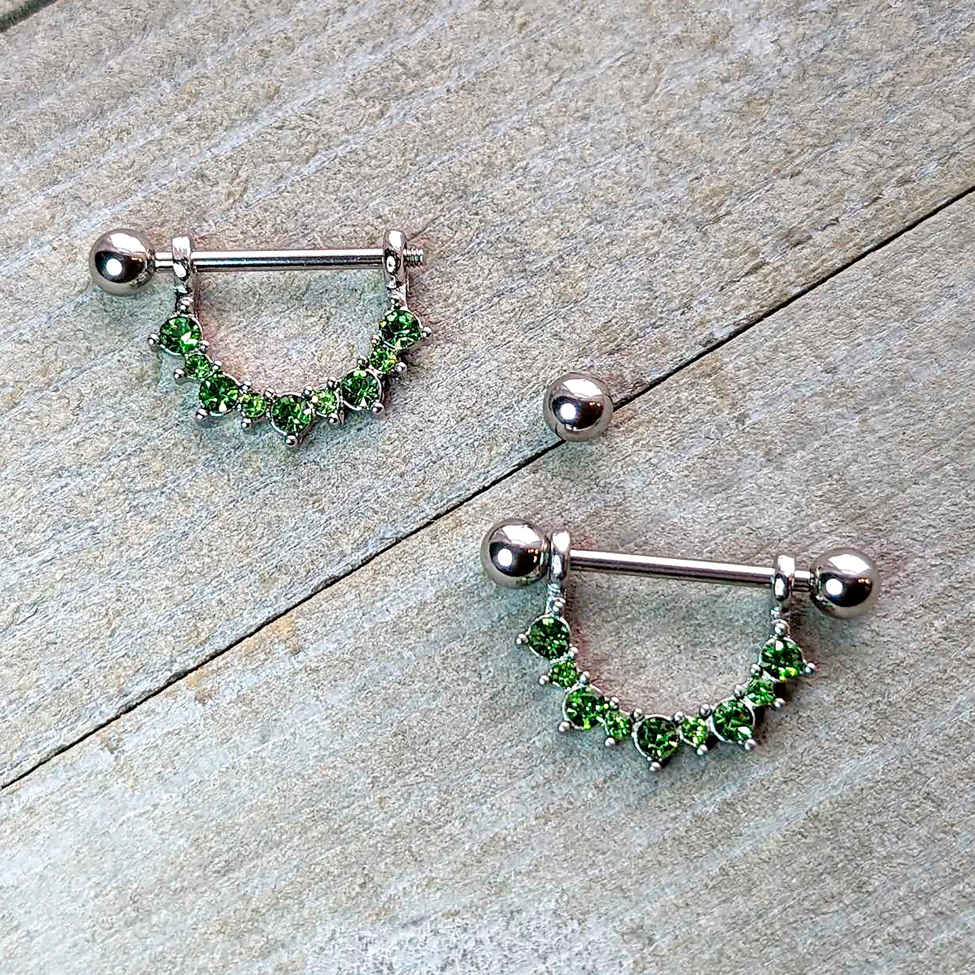 14G 9/16 Green CZ Gem August Birthstone Dangle Nipple Shield Set - Image 3