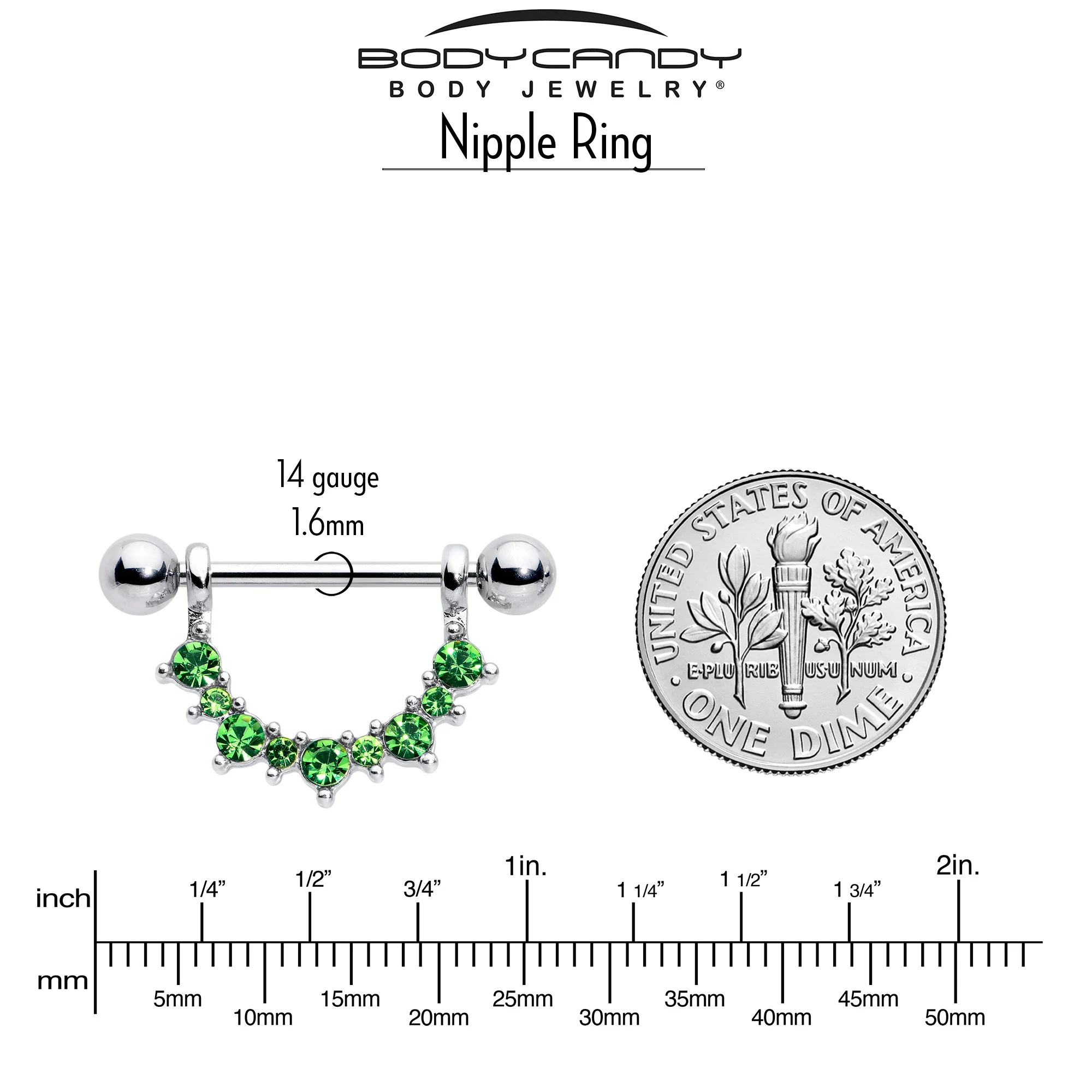 14G 9/16 Green CZ Gem August Birthstone Dangle Nipple Shield Set - Image 4