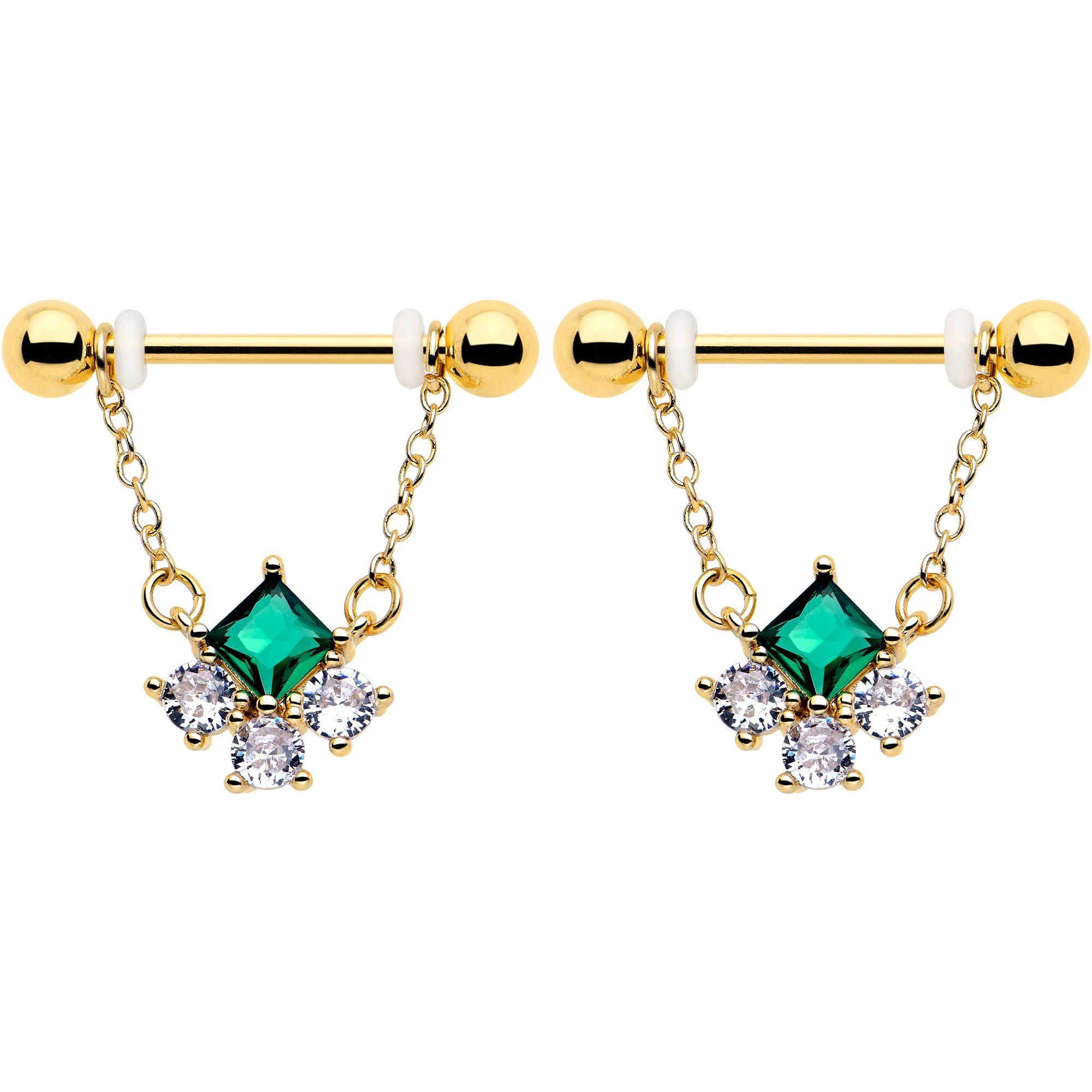 14G 9/16 Green CZ Gem Gold Tone Rhombus Riot Dangle Nipple Ring Set - Image 2